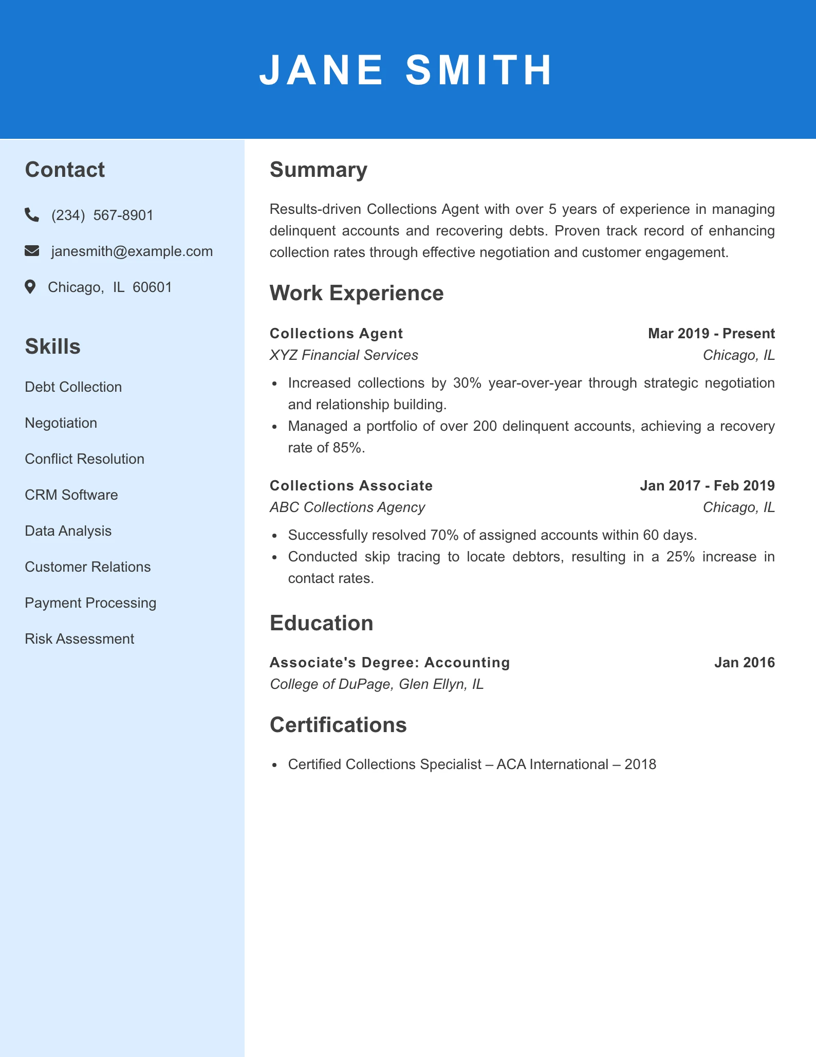 Mid Level Collections Agent Resume Example