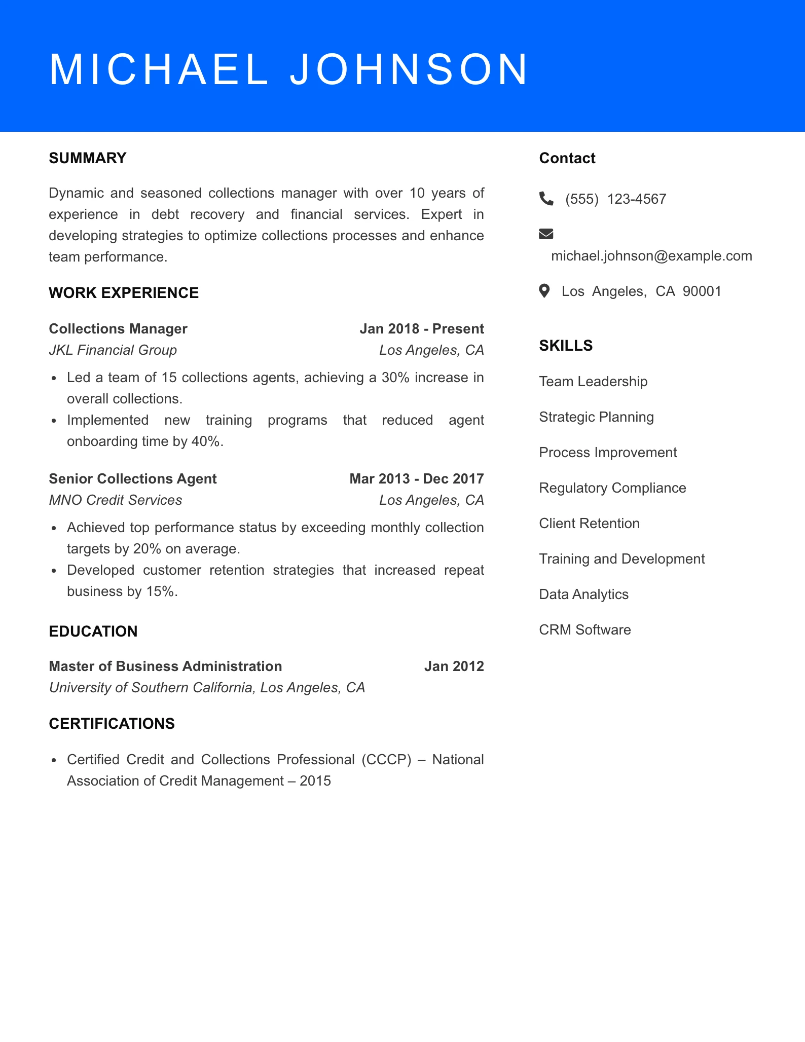 Senior Level Collections Agent Resume Sample