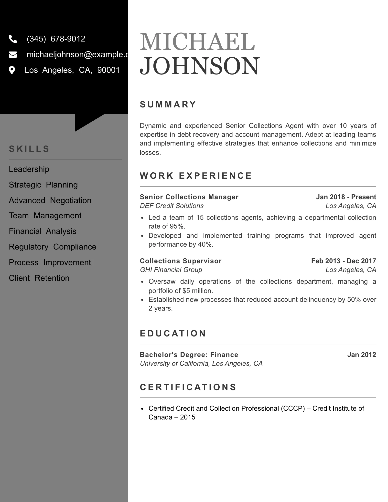 Senior Level Collections Agent Resume Example