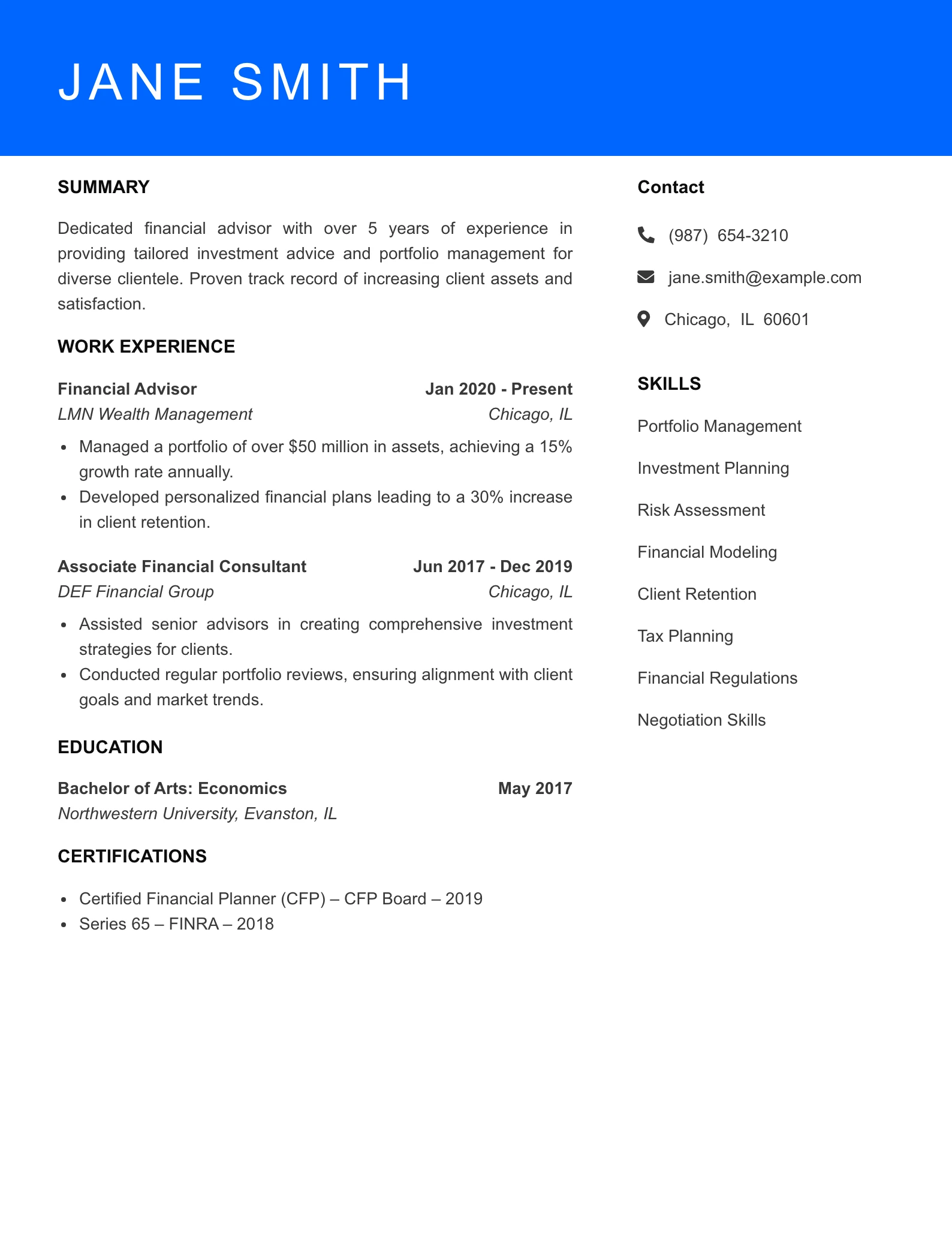Mid Level Financial Advisor Resume Sample