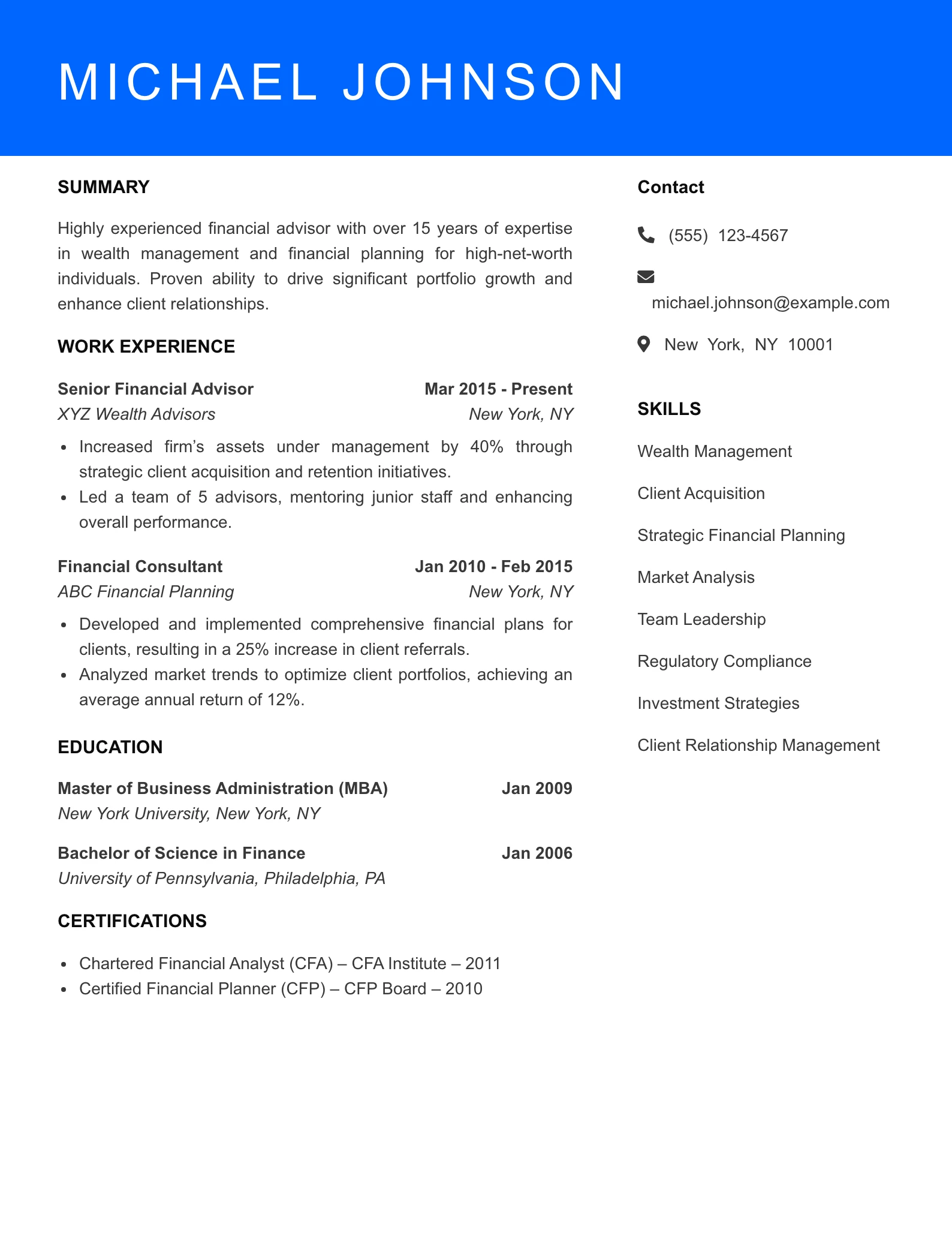 Senior Level Financial Advisor Resume Sample