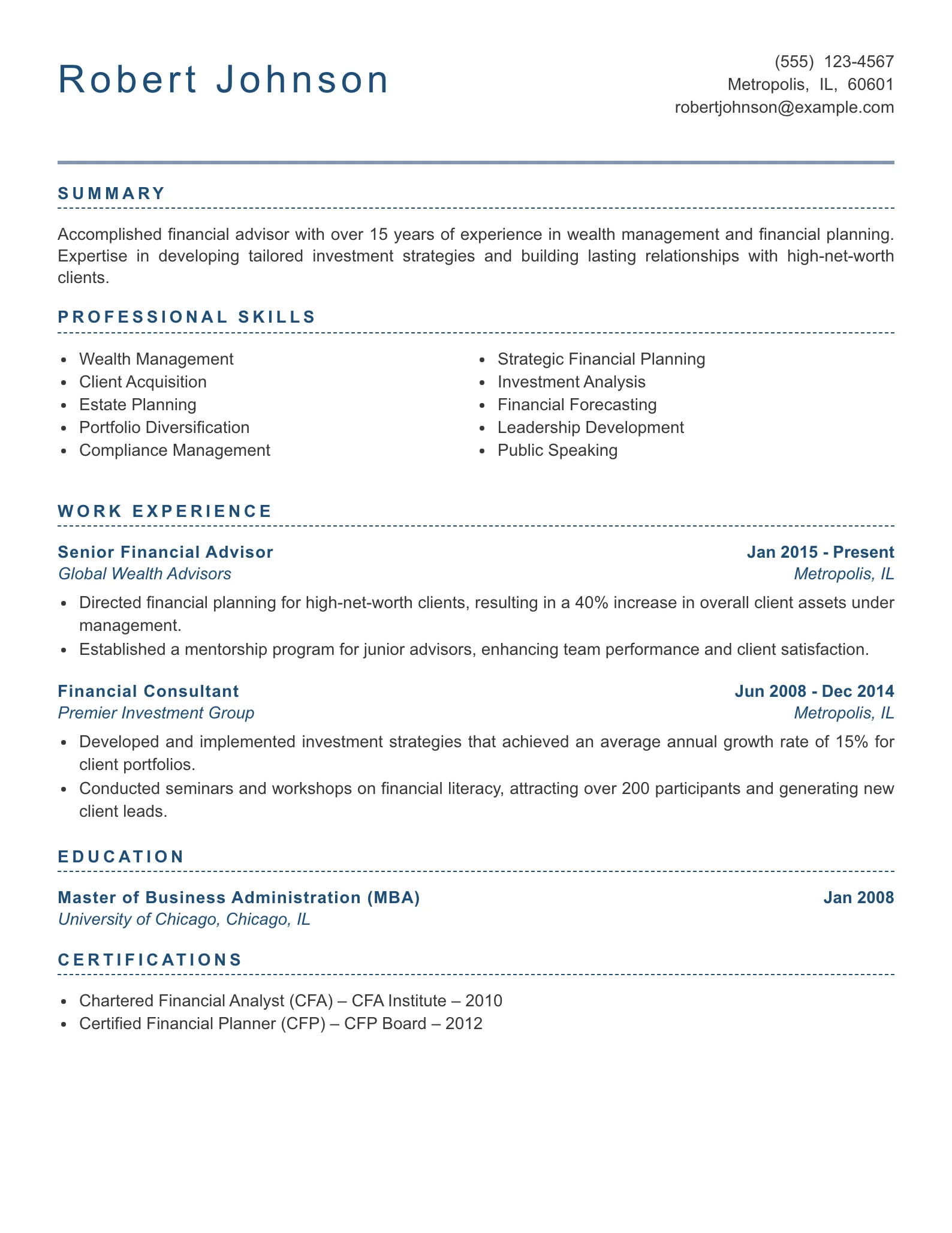 Senior Level Financial Advisor Resume Example