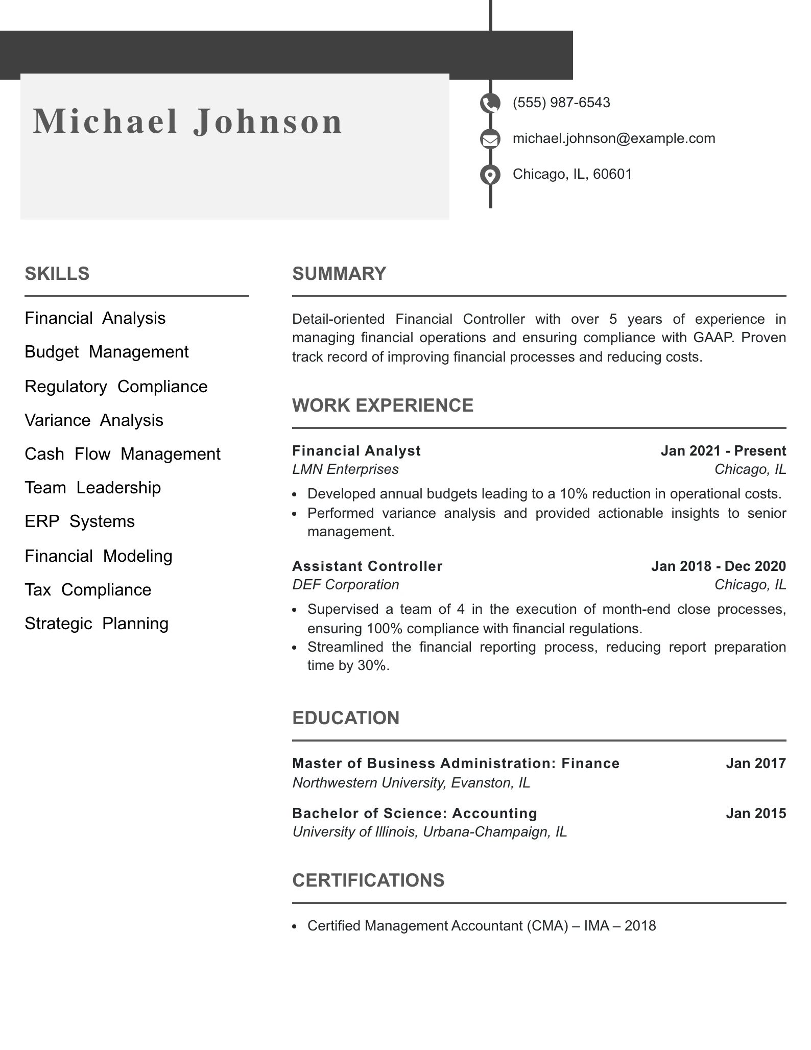 Mid Level Financial Controller Resume Example