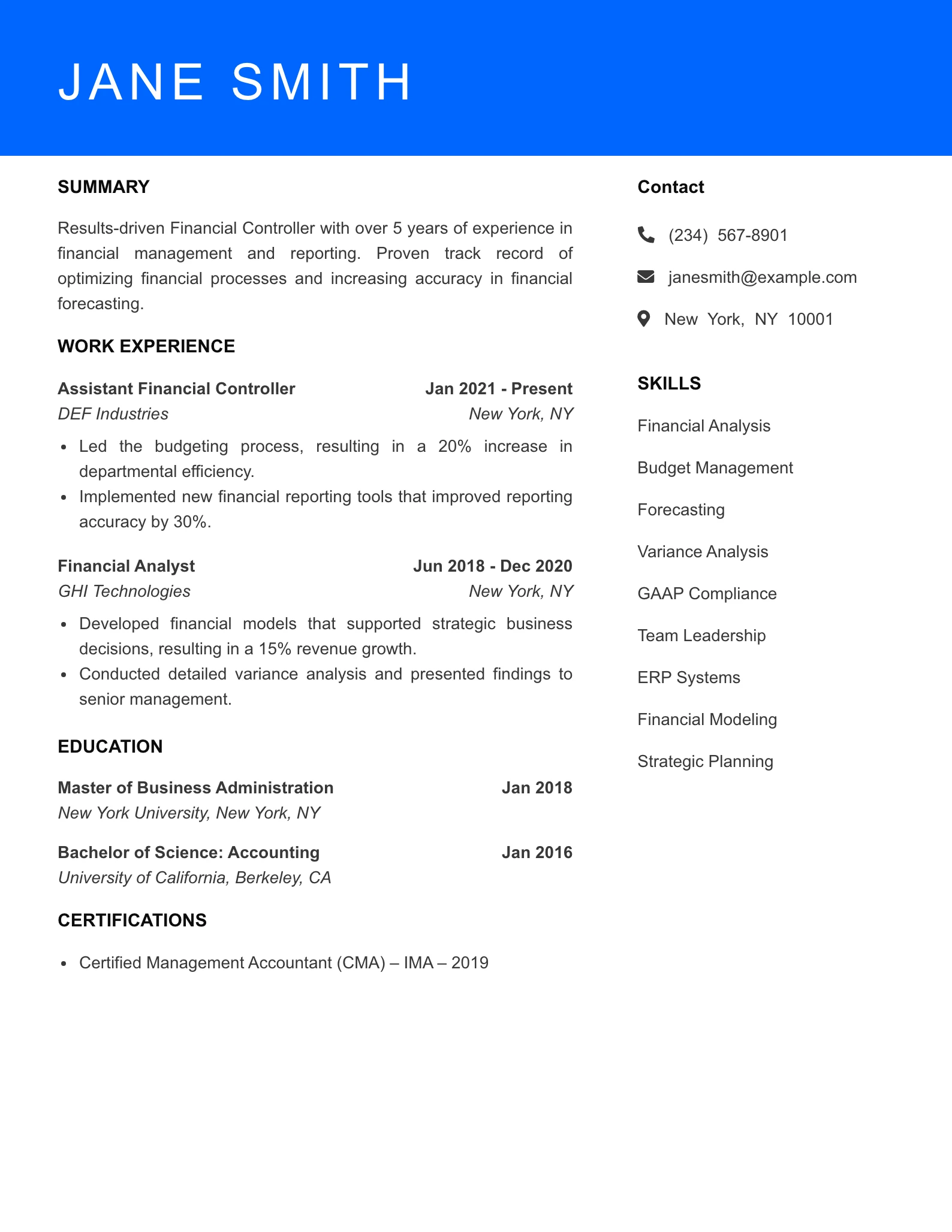 Mid Level Financial Controller Resume Sample