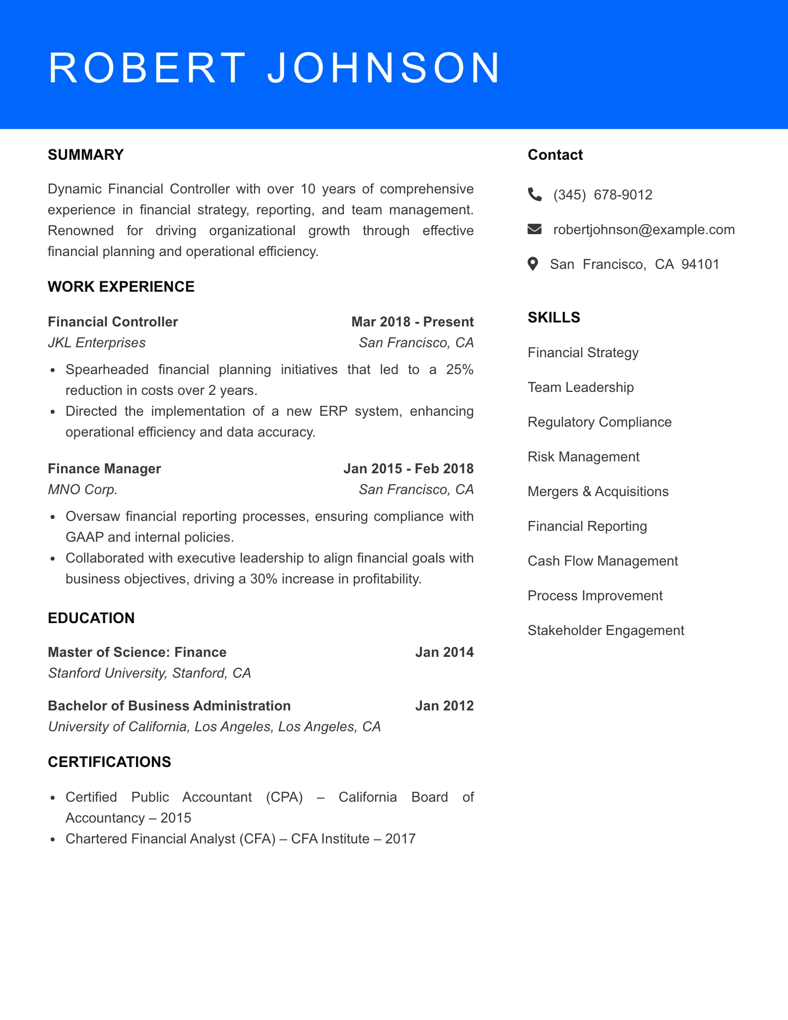 Senior Level Financial Controller Resume Sample