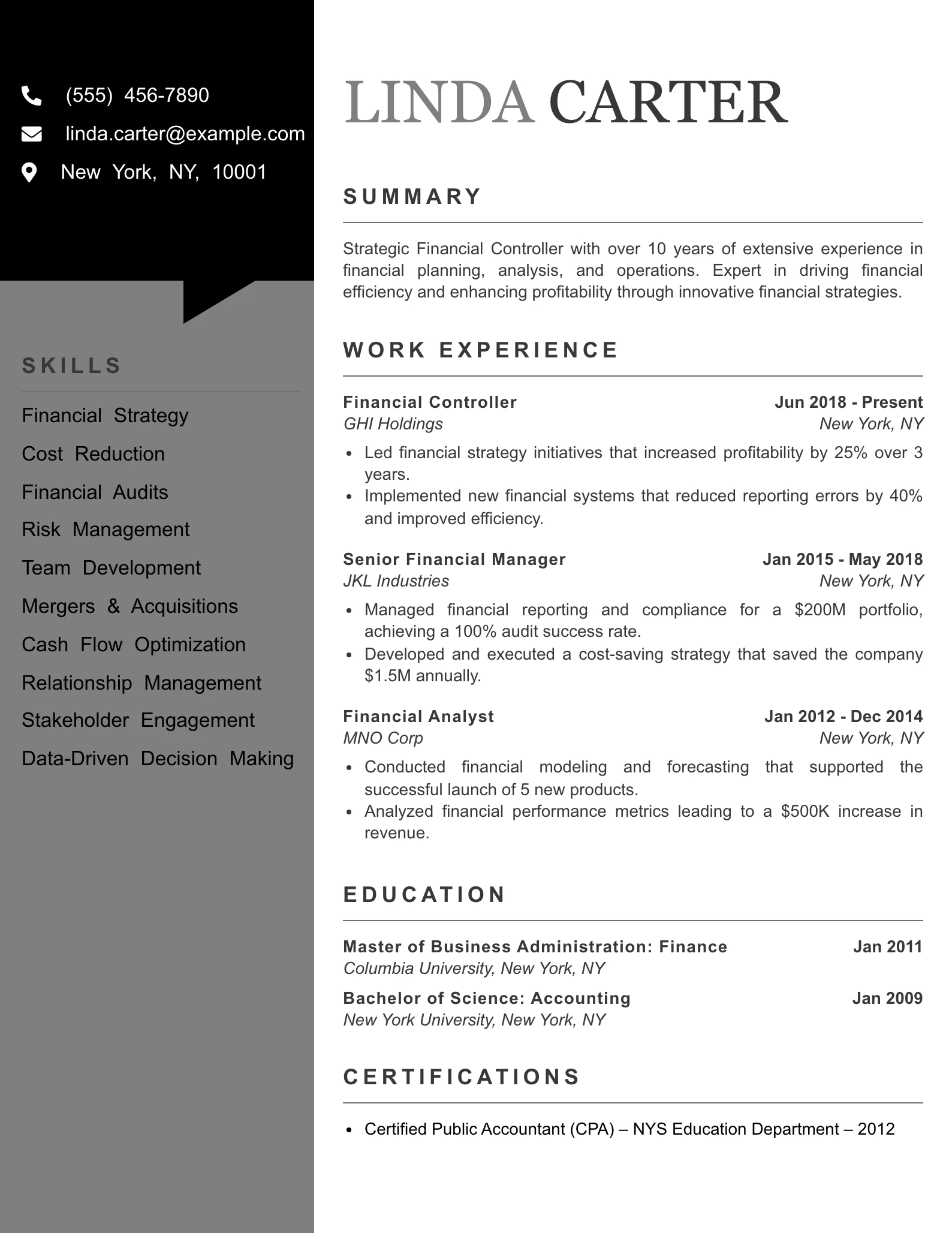 Senior Level Financial Controller Resume Example