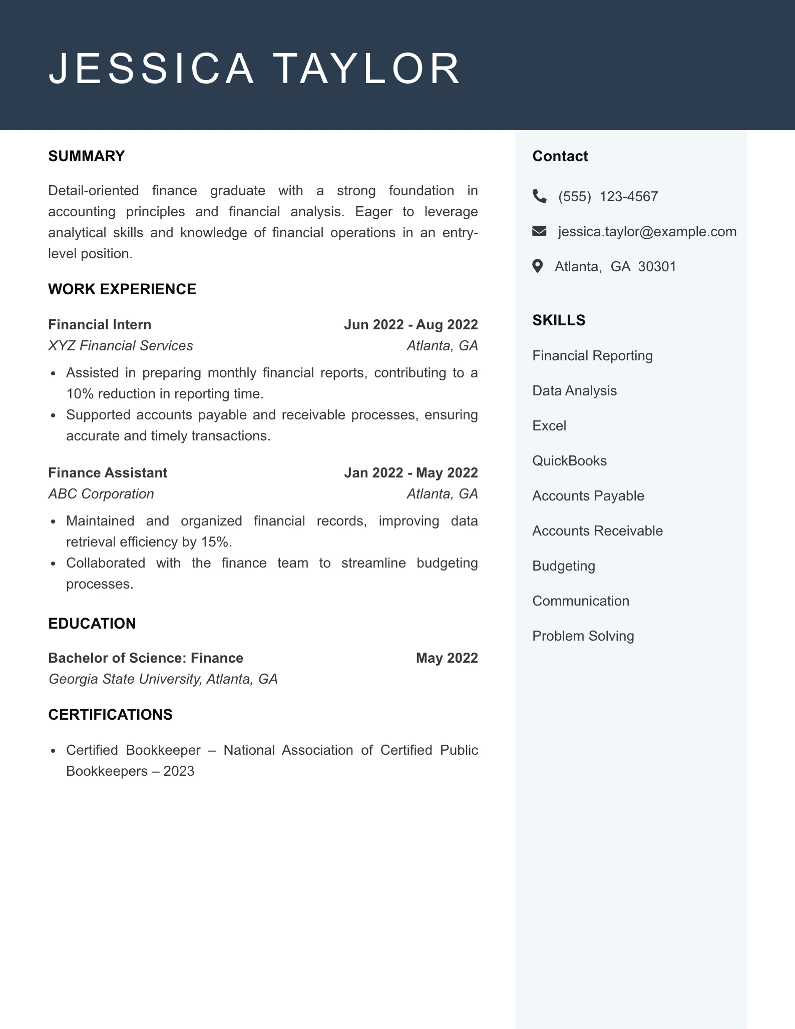 Entry Level Financial Operations Specialist Resume Example