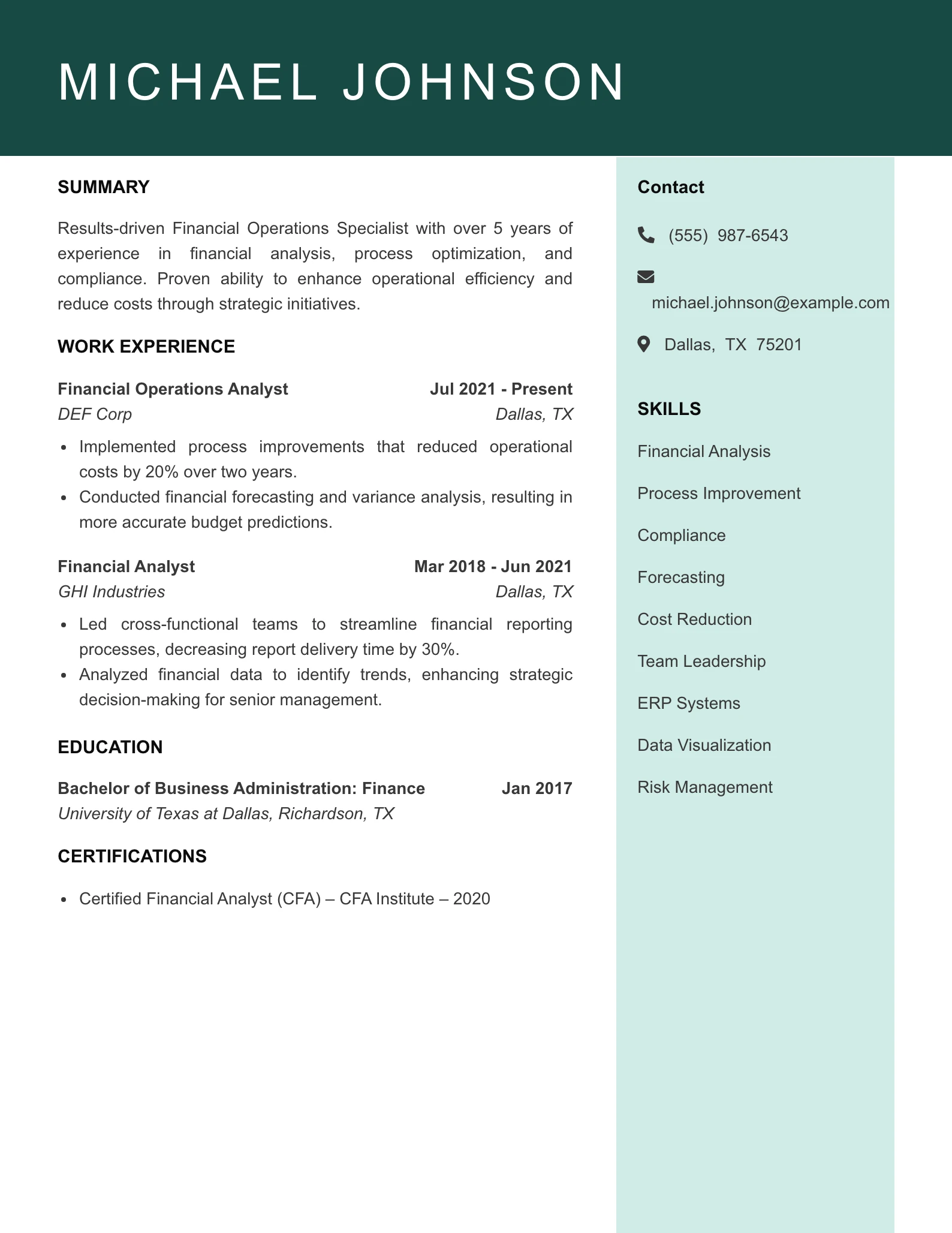 Mid Level Financial Operations Specialist Resume Example