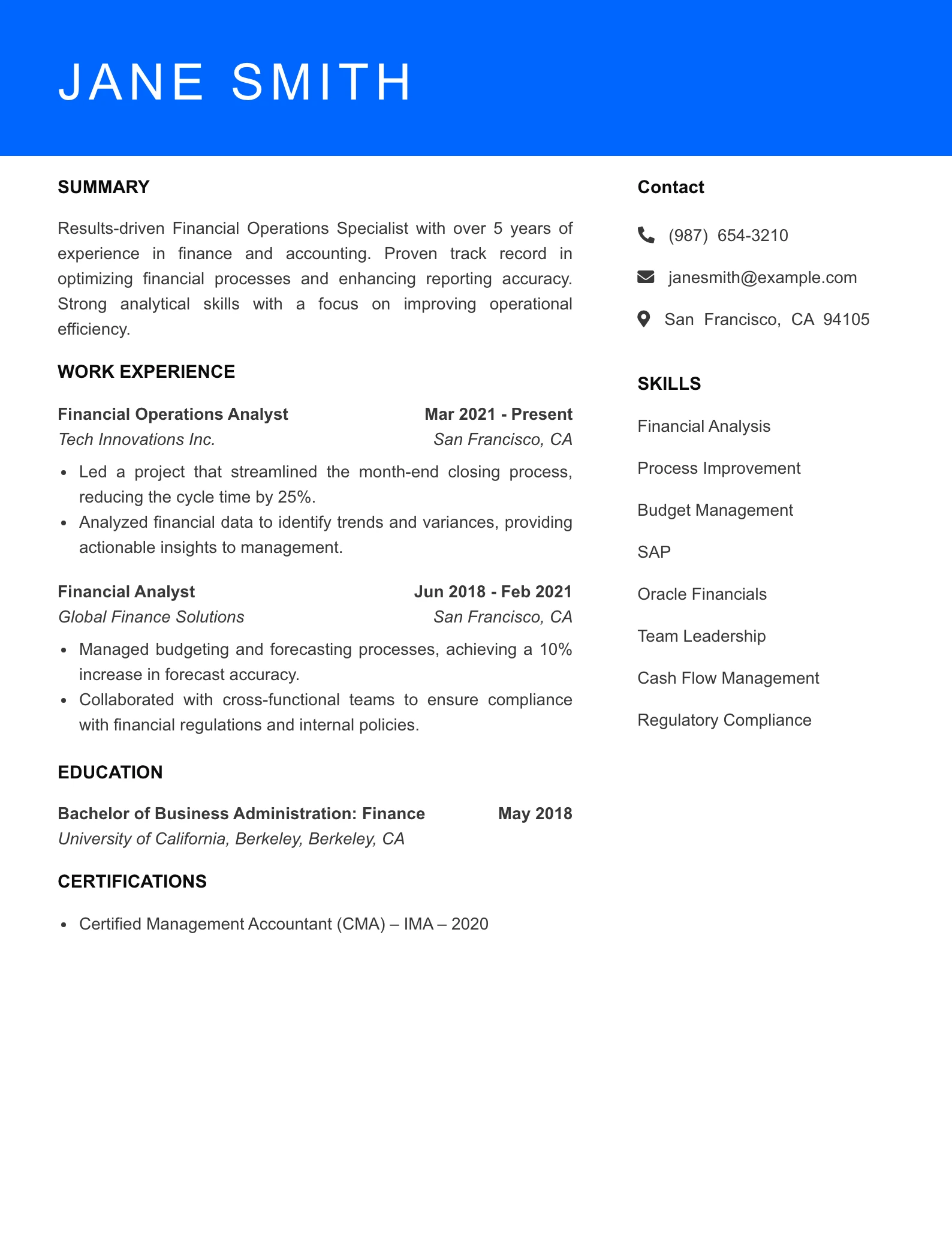 Mid Level Financial Operations Specialist Resume Sample