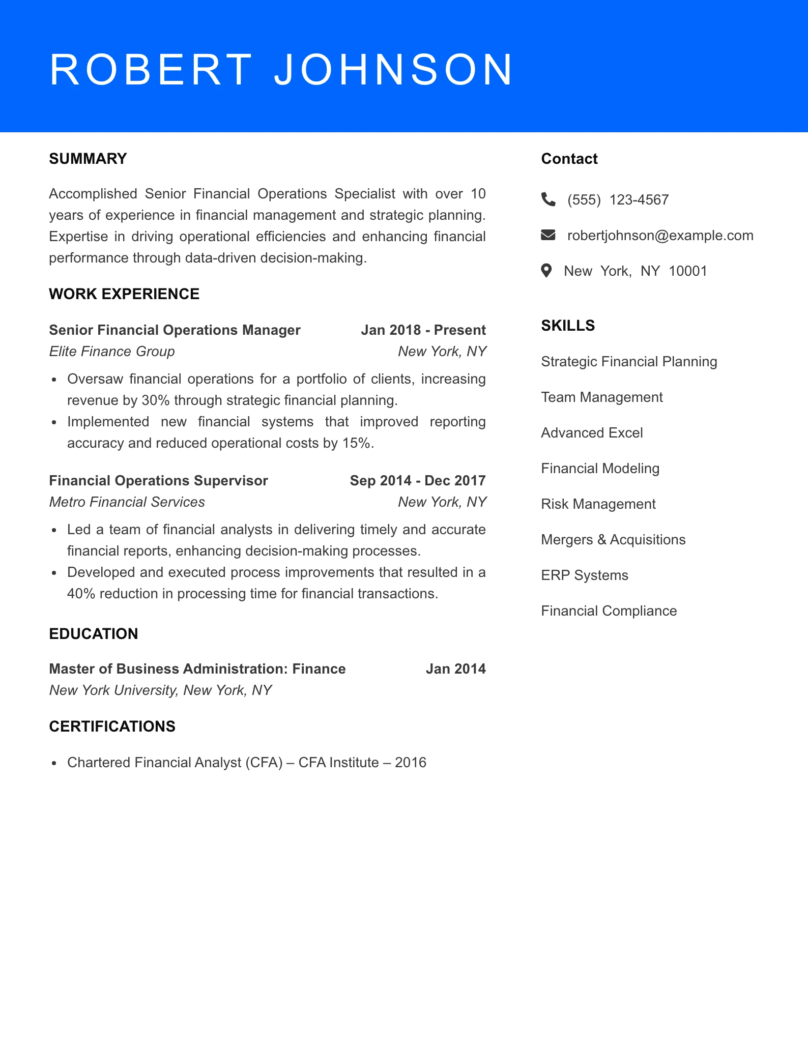 Senior Level Financial Operations Specialist Resume Sample