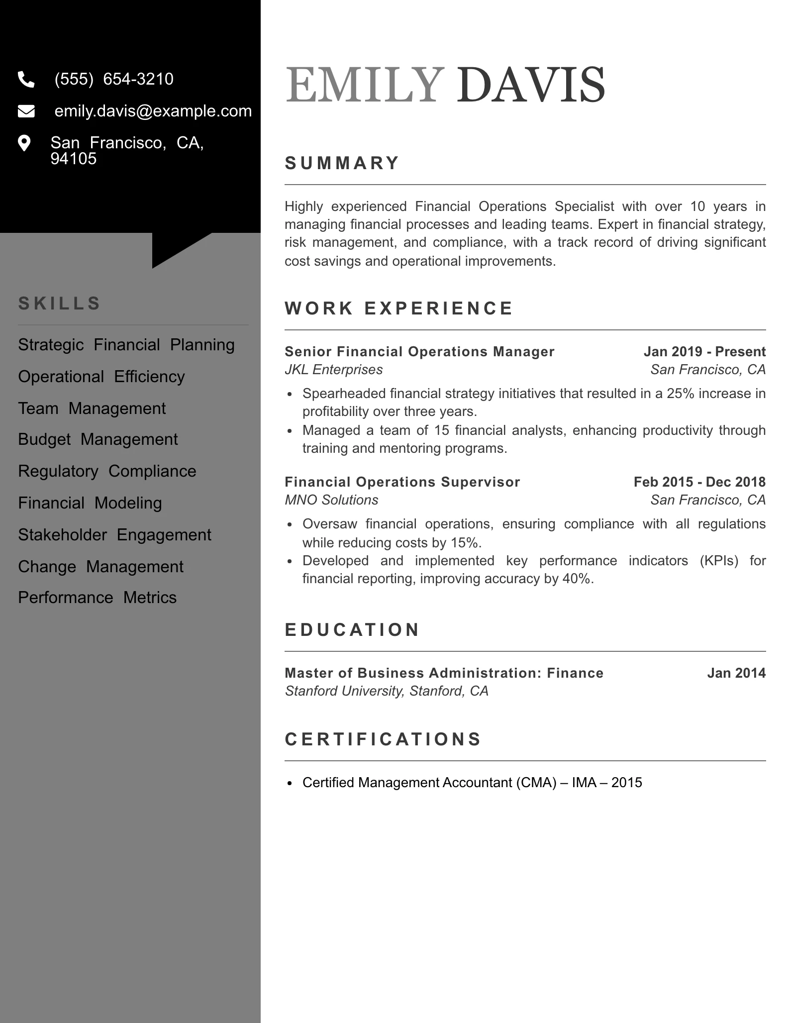 Senior Level Financial Operations Specialist Resume Example