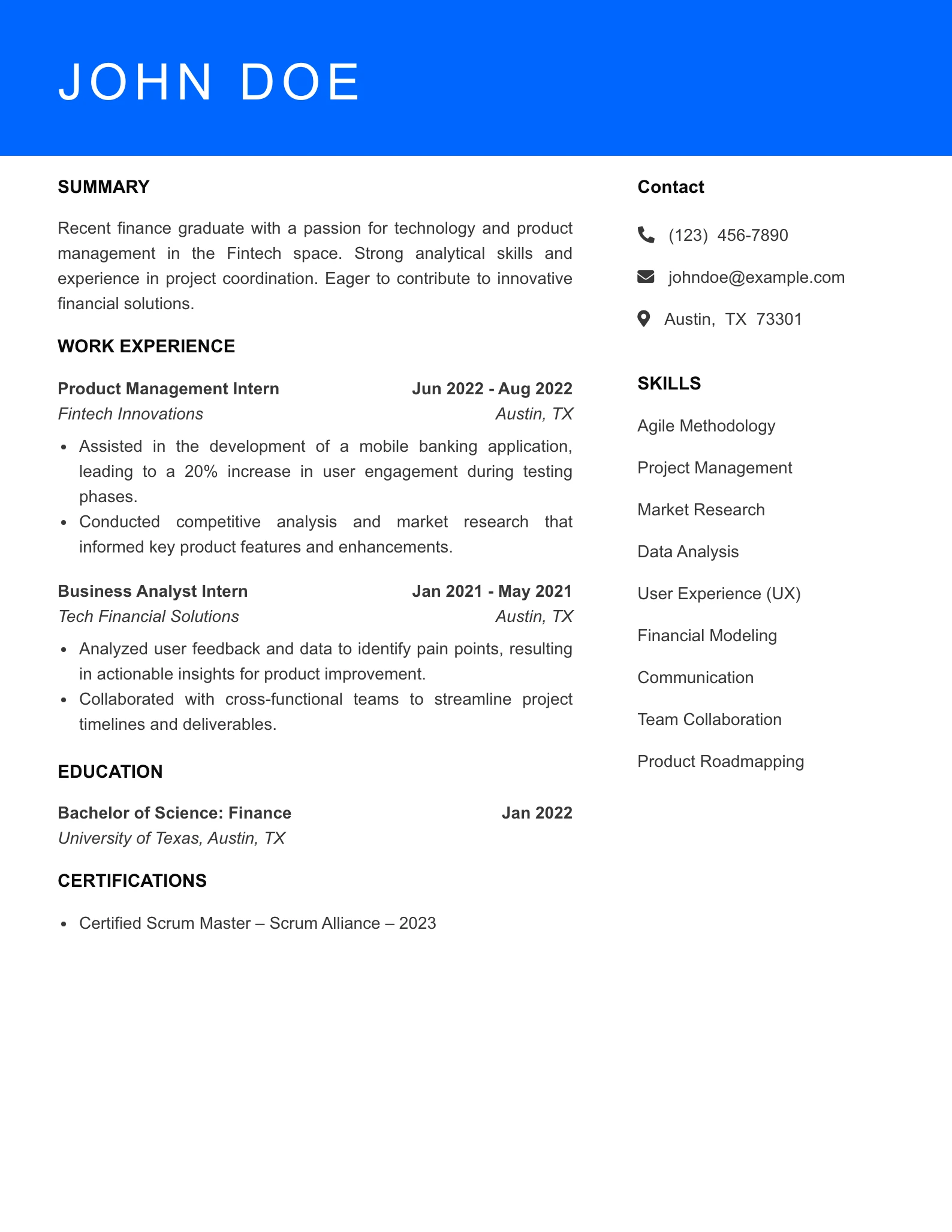 Selected Fintech Product Manager Resume