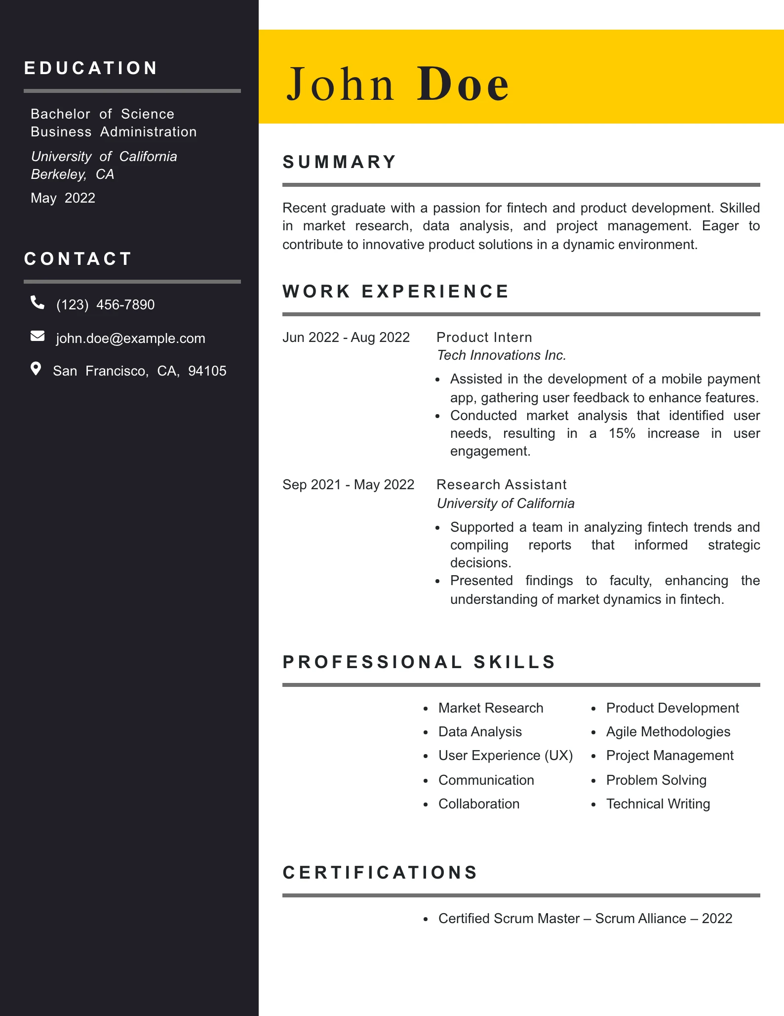 Entry Level Fintech Product Manager Resume Example