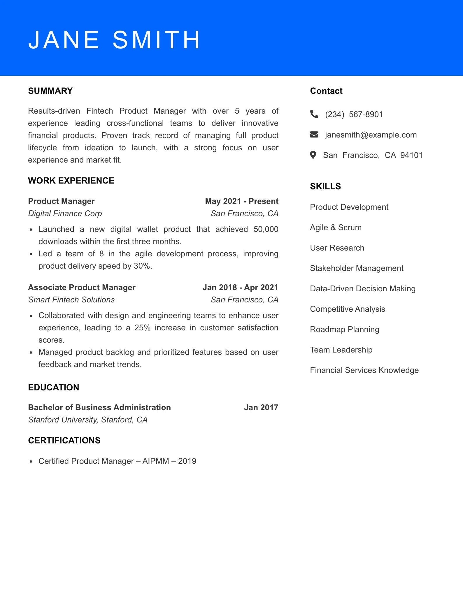 Mid Level Fintech Product Manager Resume Sample