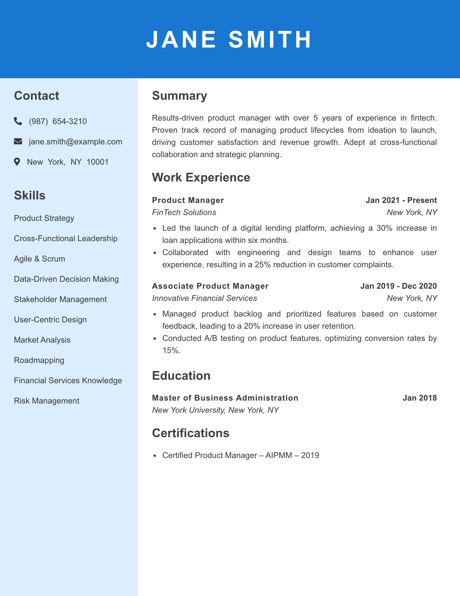 Mid Level Fintech Product Manager Resume Example