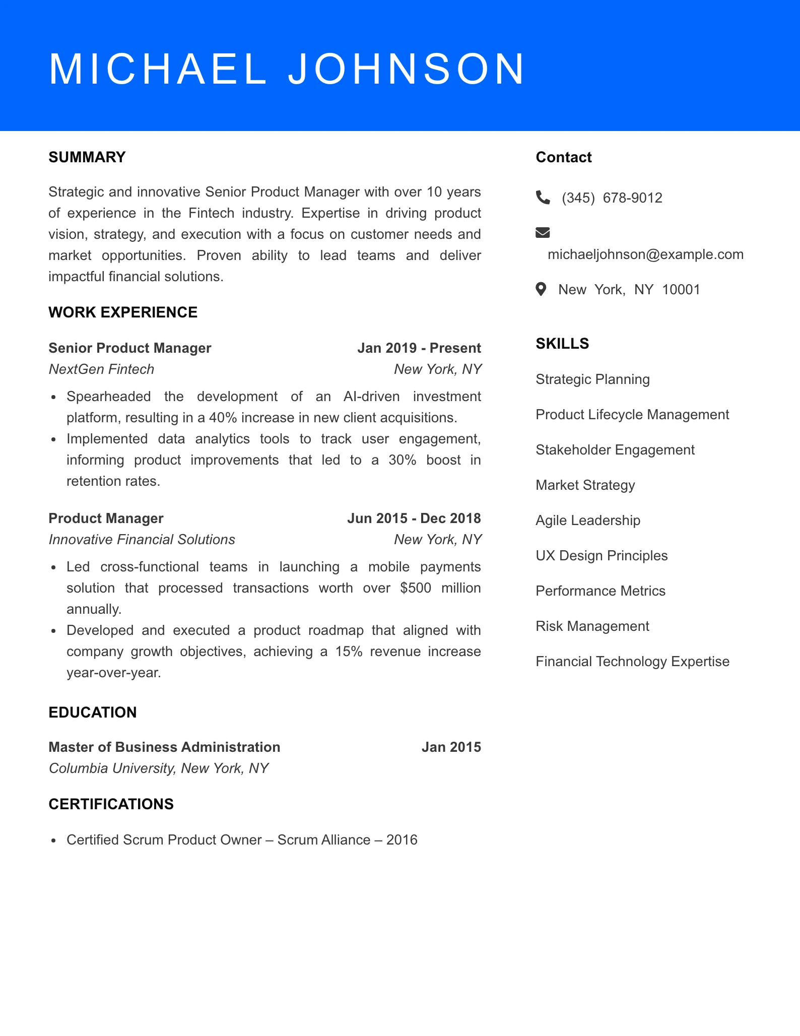 Senior Level Fintech Product Manager Resume Sample