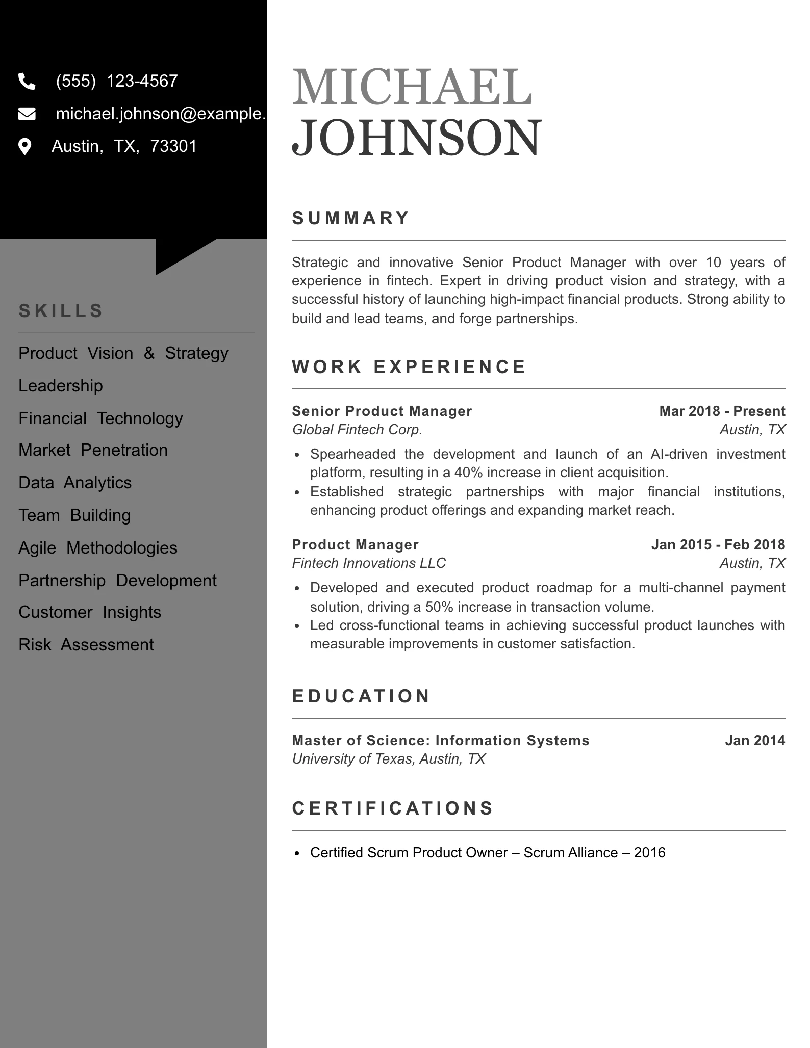 Senior Level Fintech Product Manager Resume Example
