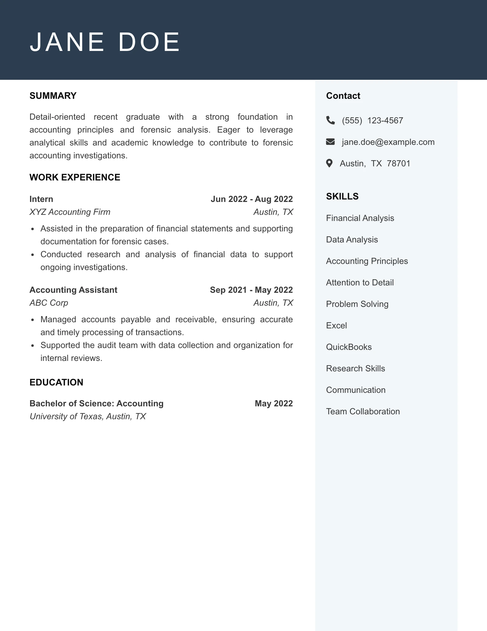 Entry Level Forensic Accountant Resume Example
