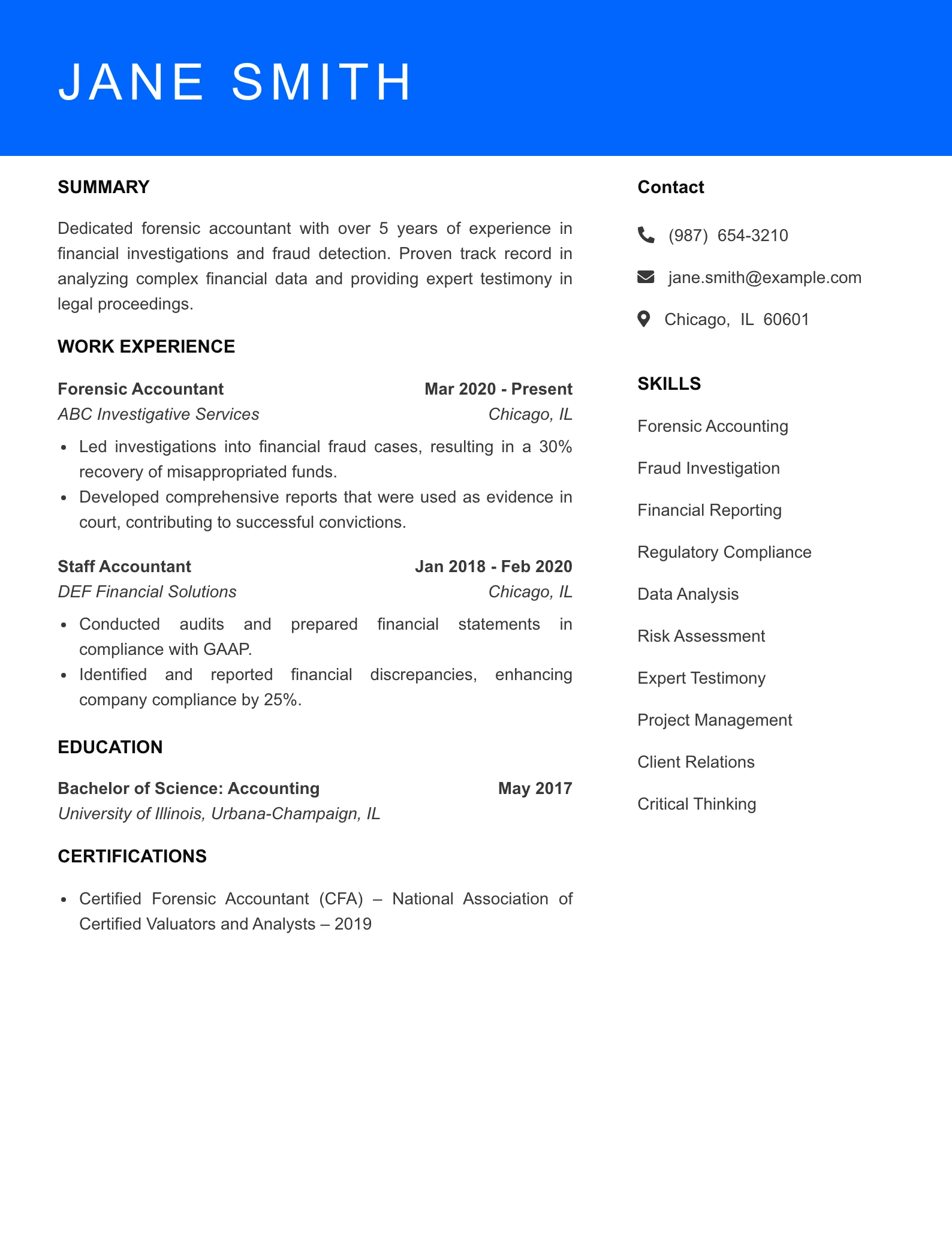 Mid Level Forensic Accountant Resume Sample