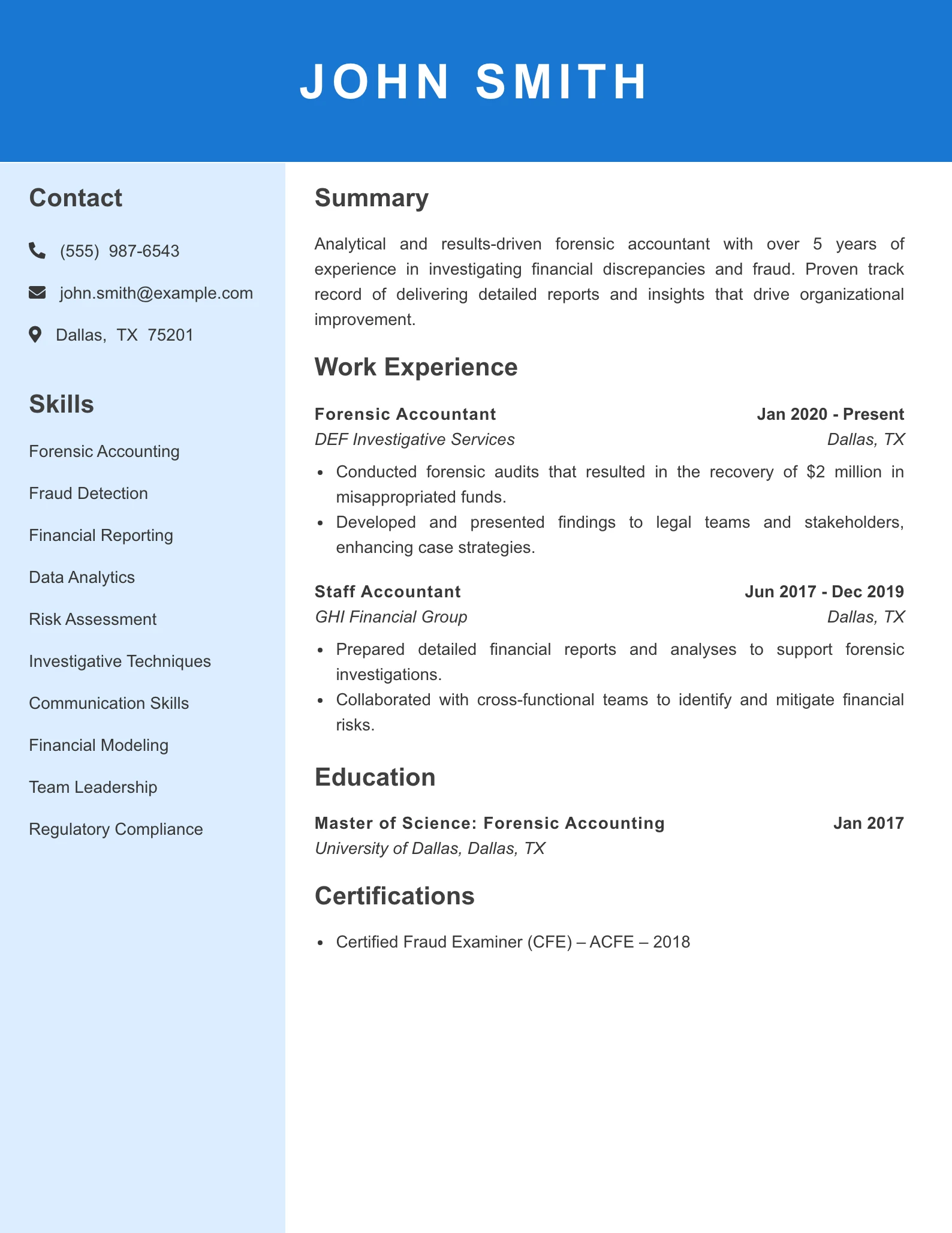 Mid Level Forensic Accountant Resume Example