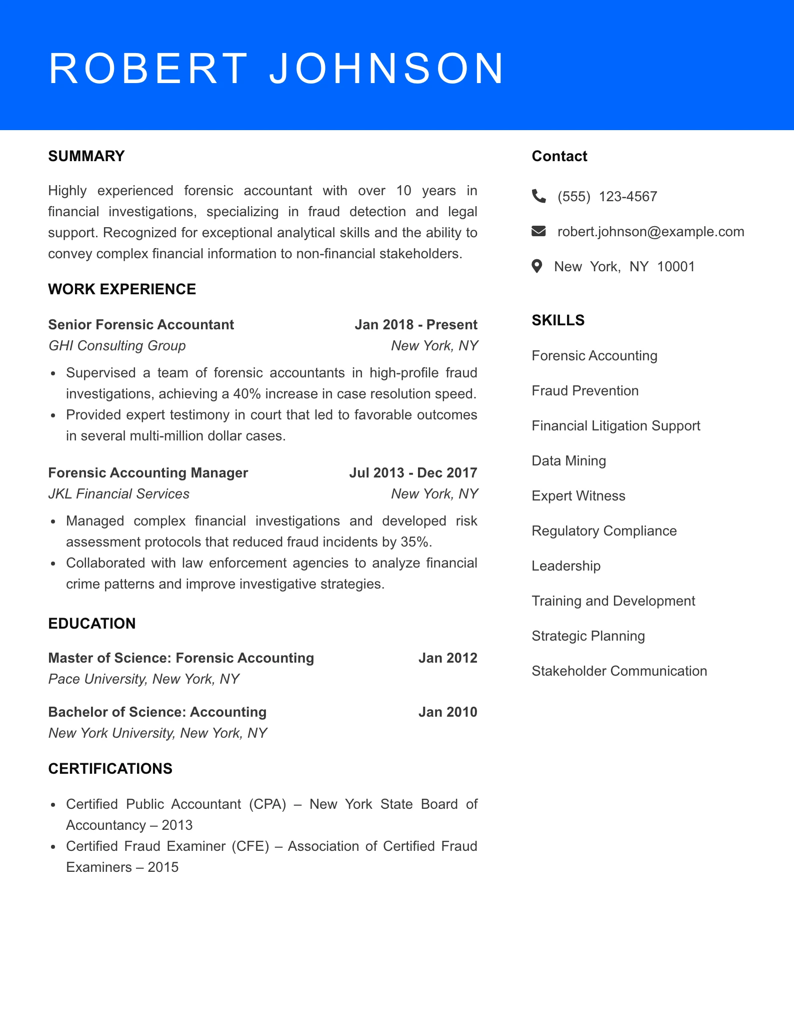 Senior Level Forensic Accountant Resume Sample