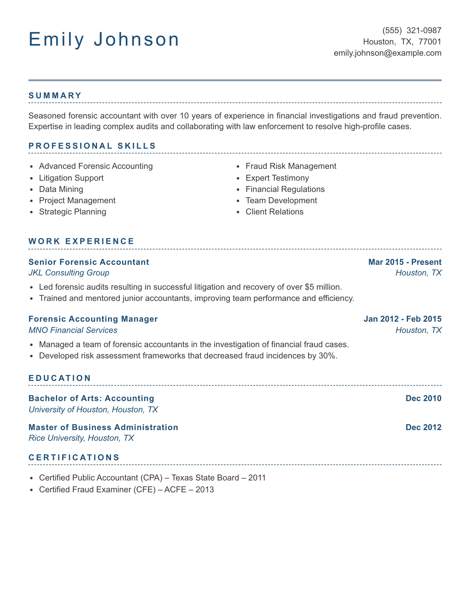 Senior Level Forensic Accountant Resume Example