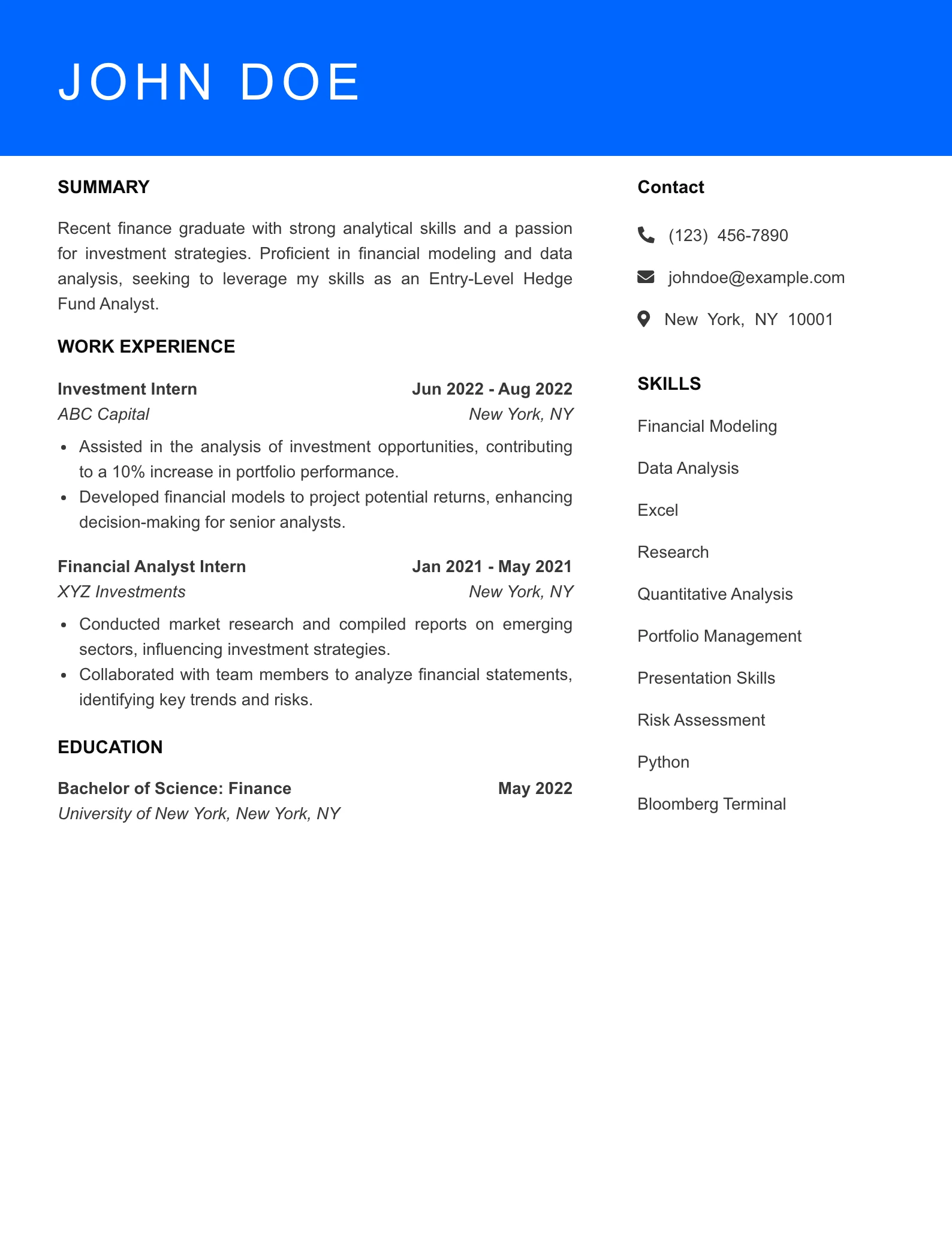 Selected Hedge Fund Analyst Resume