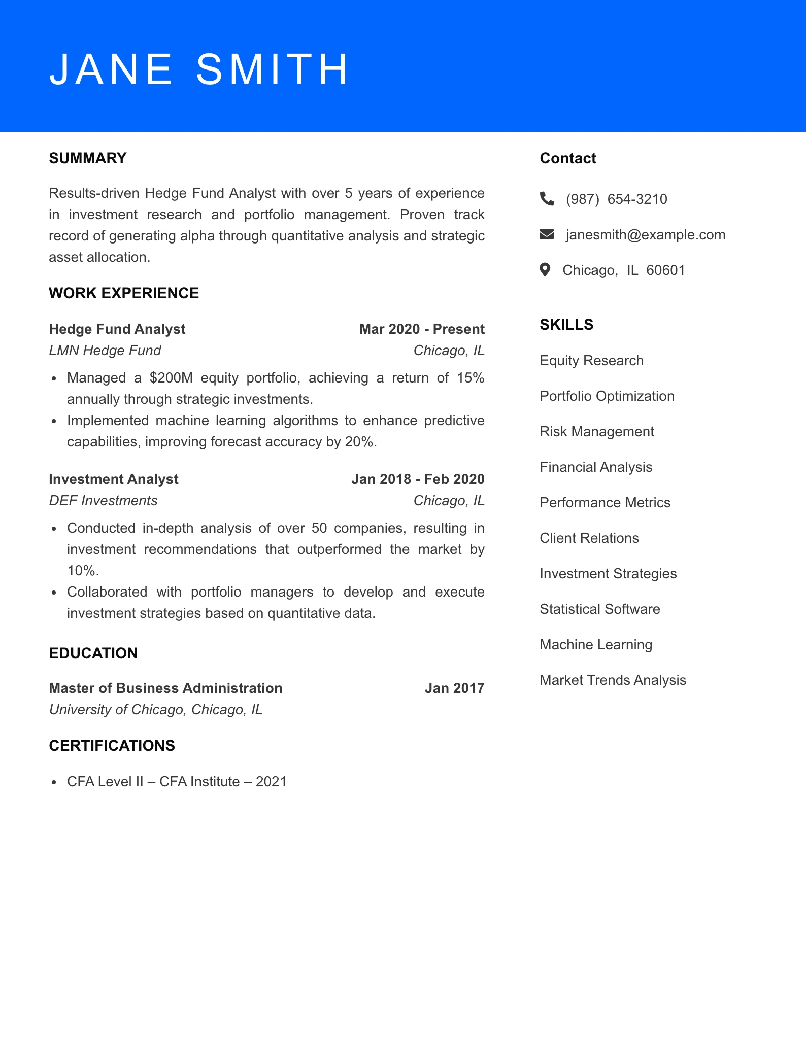 Mid Level Hedge Fund Analyst Resume Sample