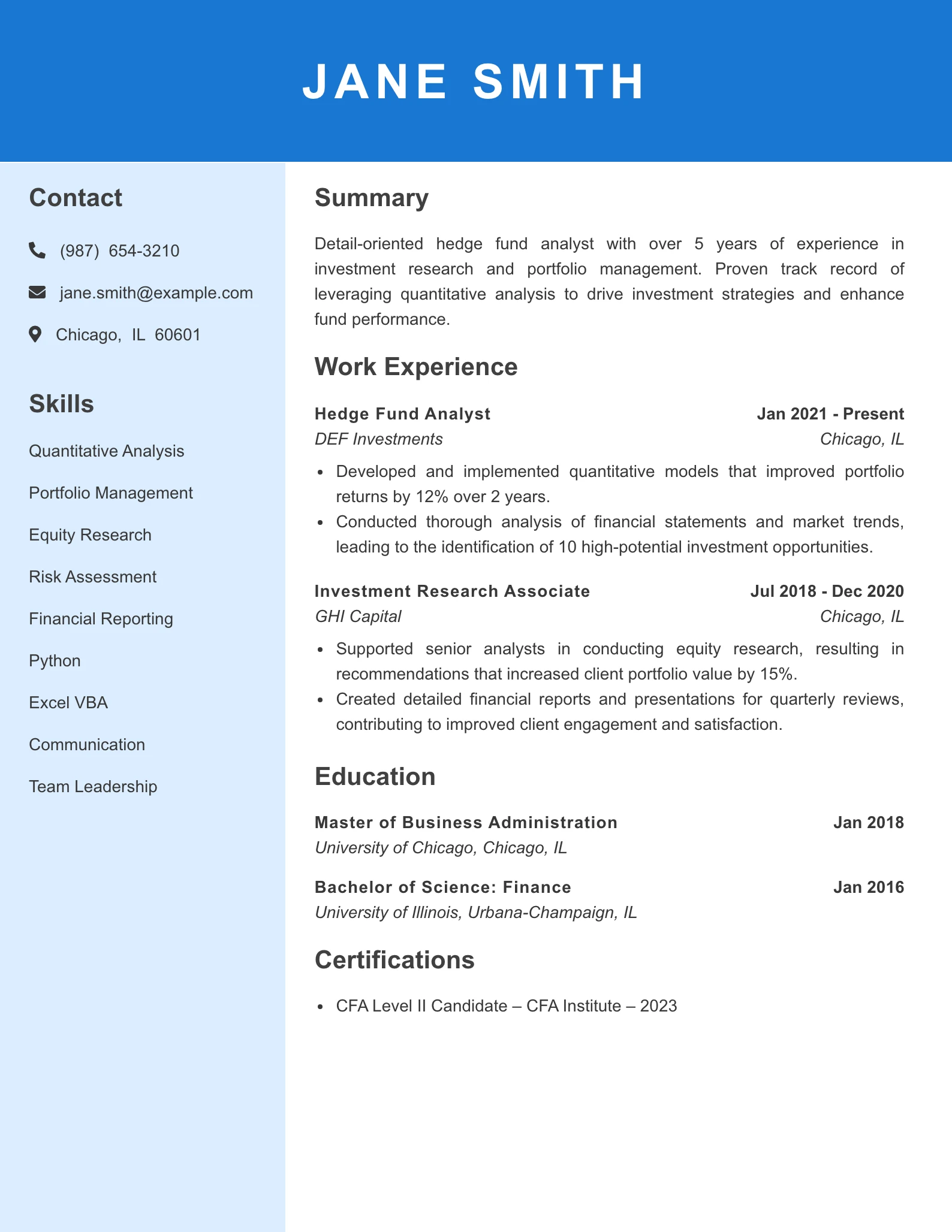 Mid Level Hedge Fund Analyst Resume Example