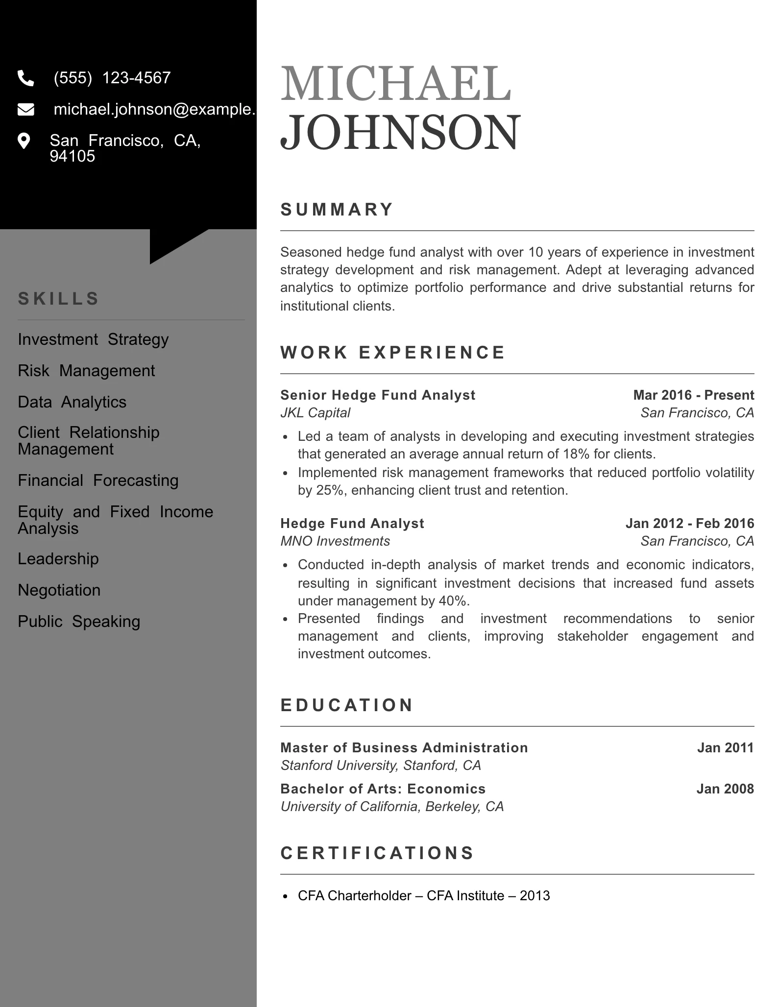 Senior Level Hedge Fund Analyst Resume Example