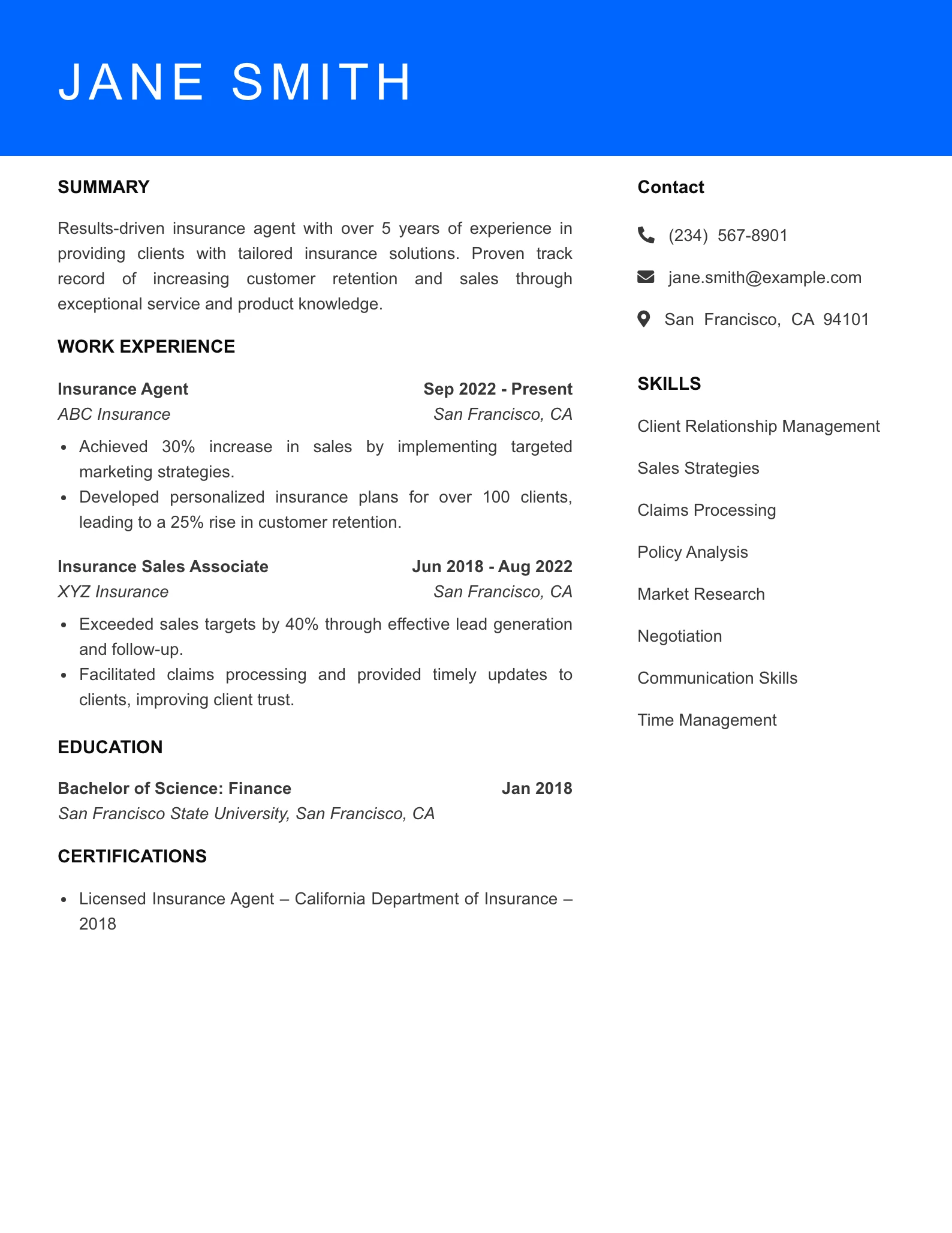Mid Level Insurance Agent Resume Sample