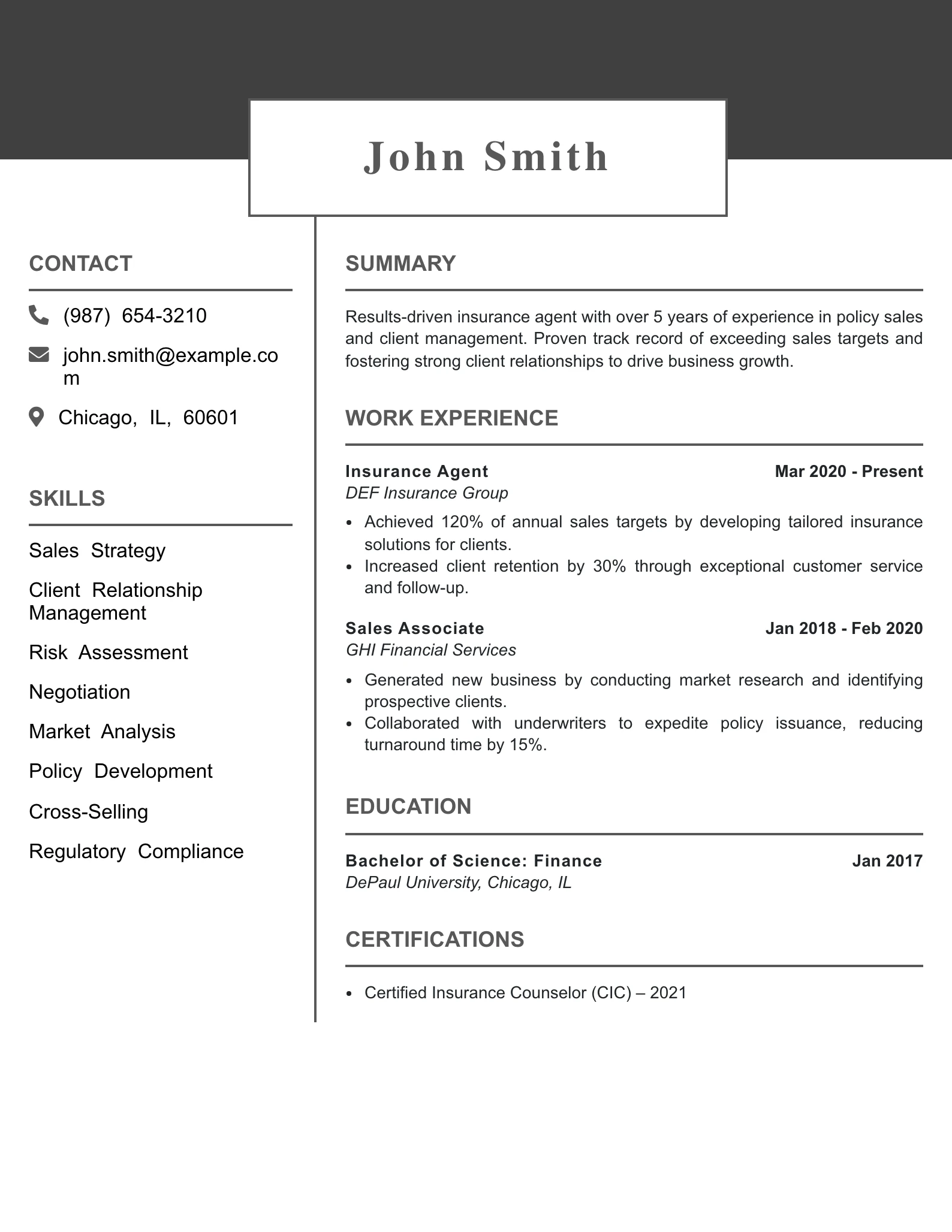 Mid Level Insurance Agent Resume Example