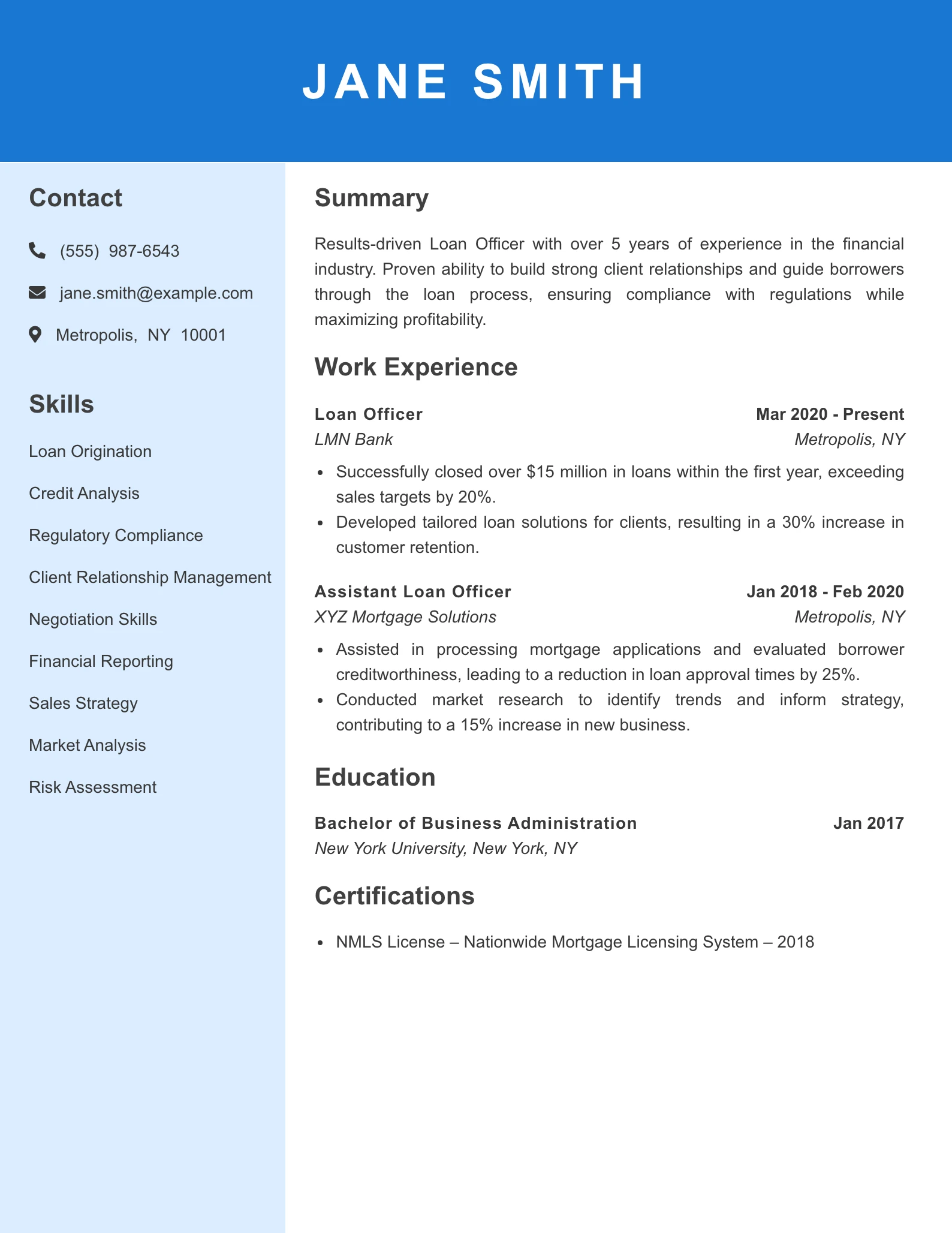 Mid Level Loan Officer Resume Example