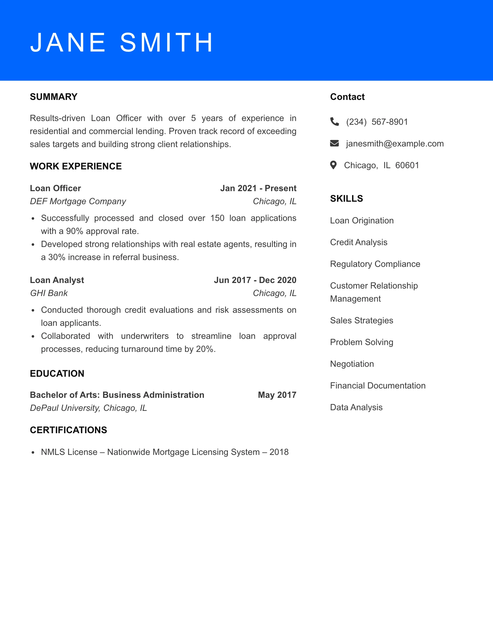 Mid Level Loan Officer Resume Sample