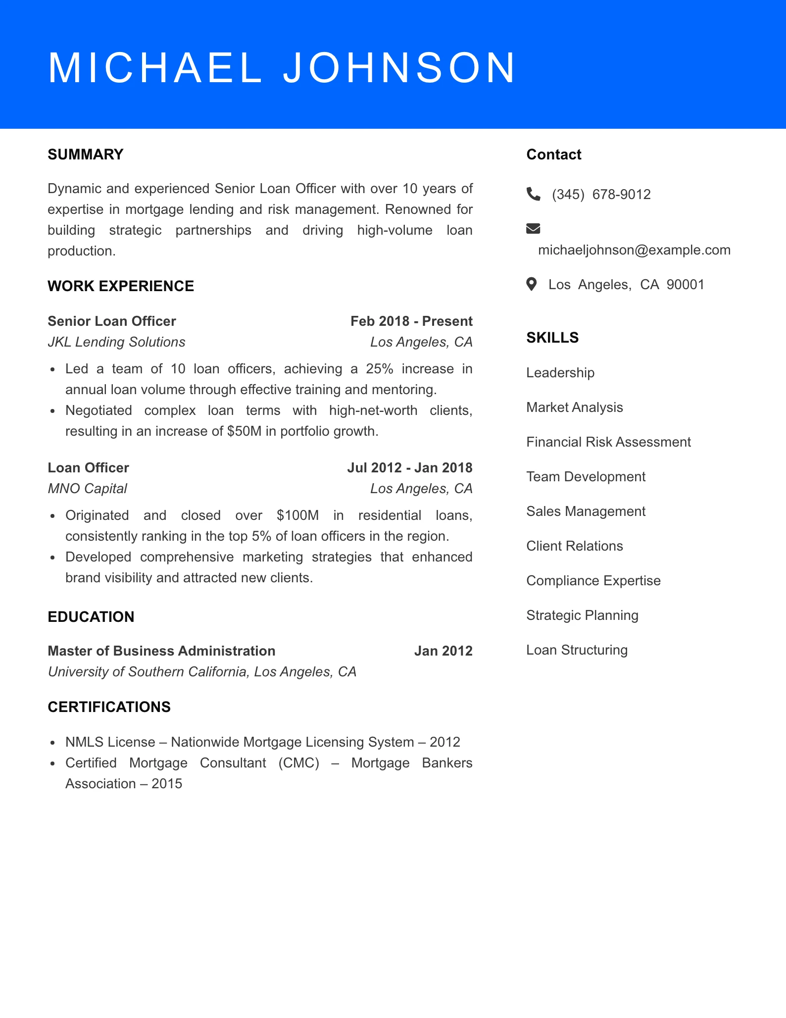 Senior Level Loan Officer Resume Sample