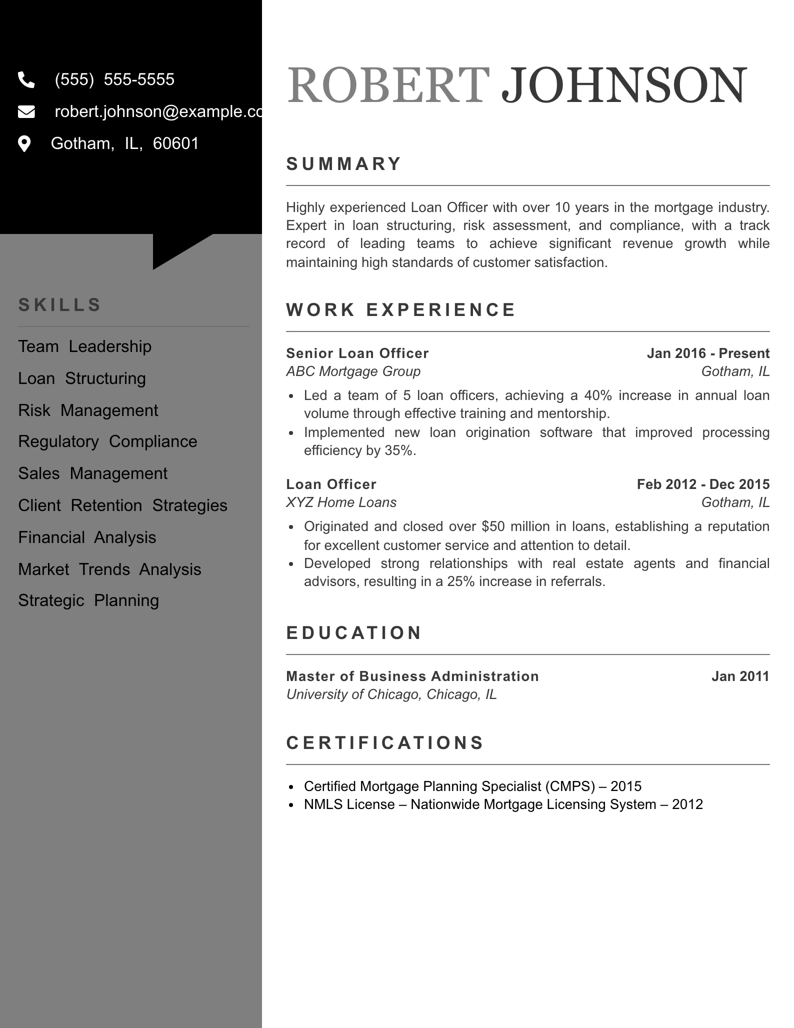 Senior Level Loan Officer Resume Example