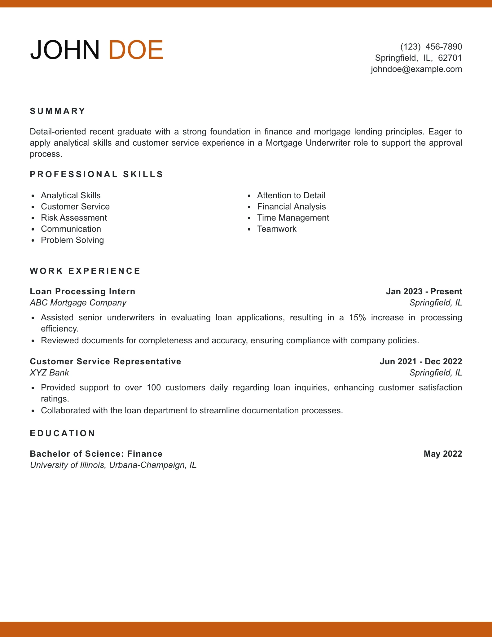 Entry Level Mortgage Underwriter Resume Example
