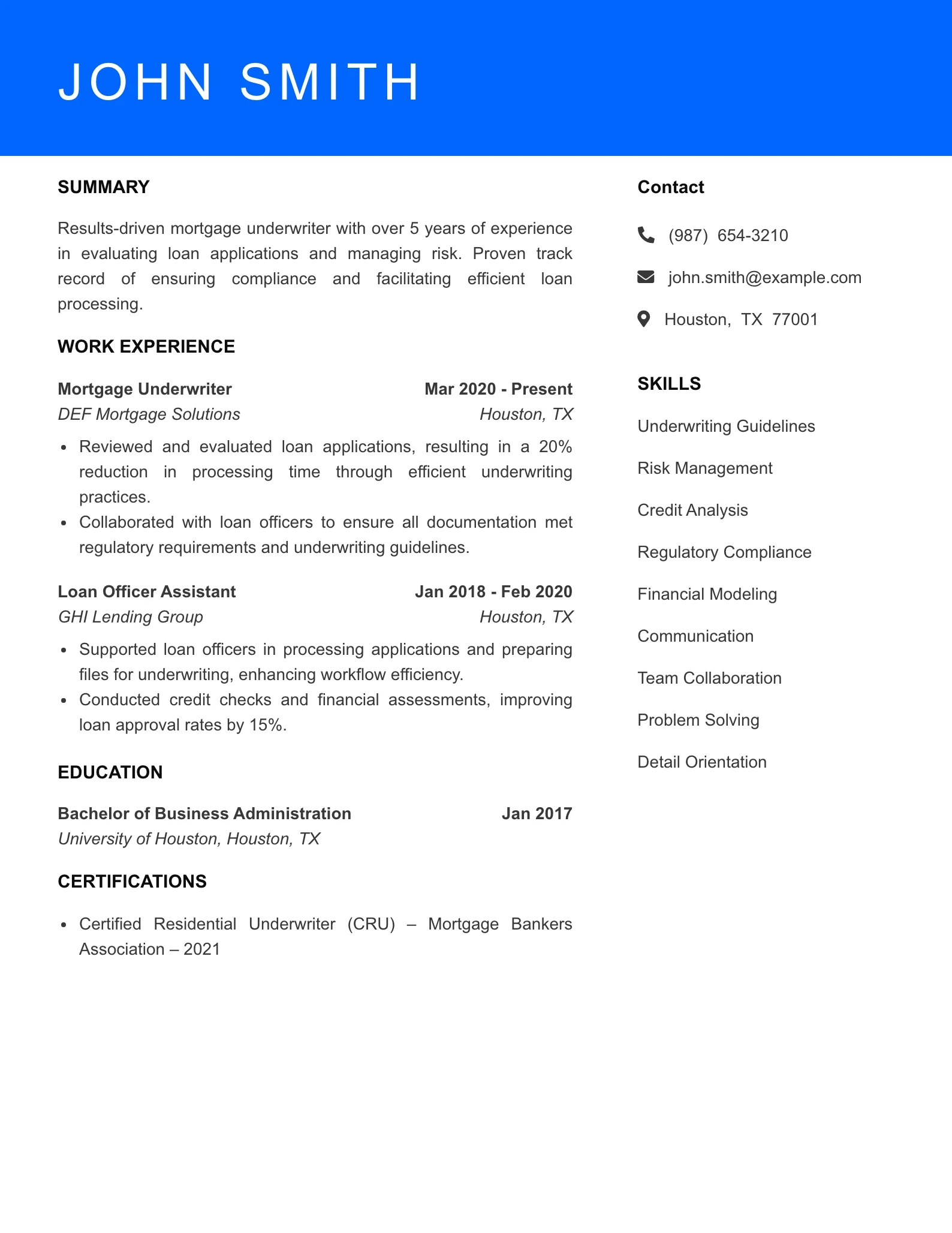 Mid Level Mortgage Underwriter Resume Sample