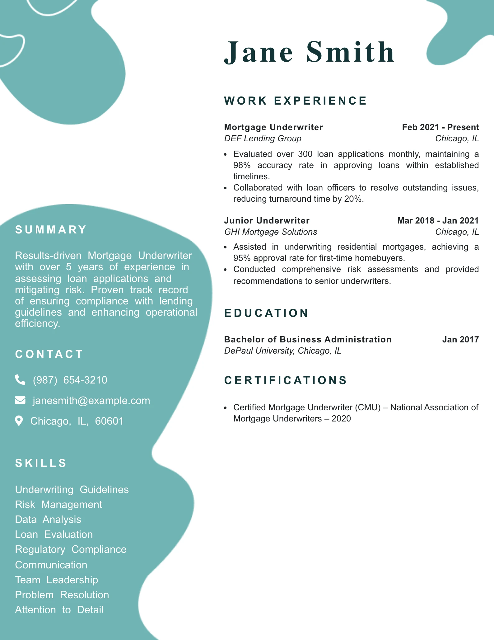 Mid Level Mortgage Underwriter Resume Example