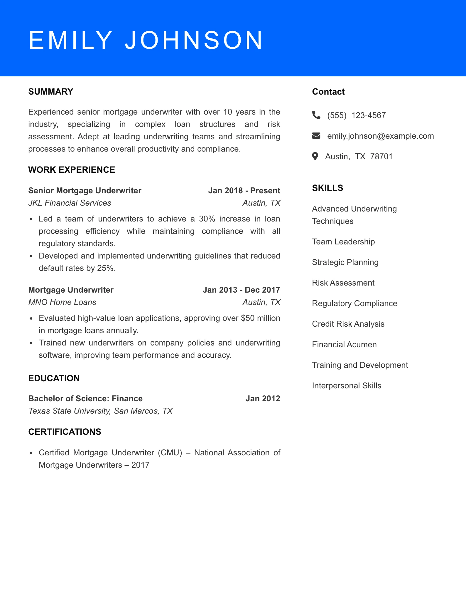 Senior Level Mortgage Underwriter Resume Sample