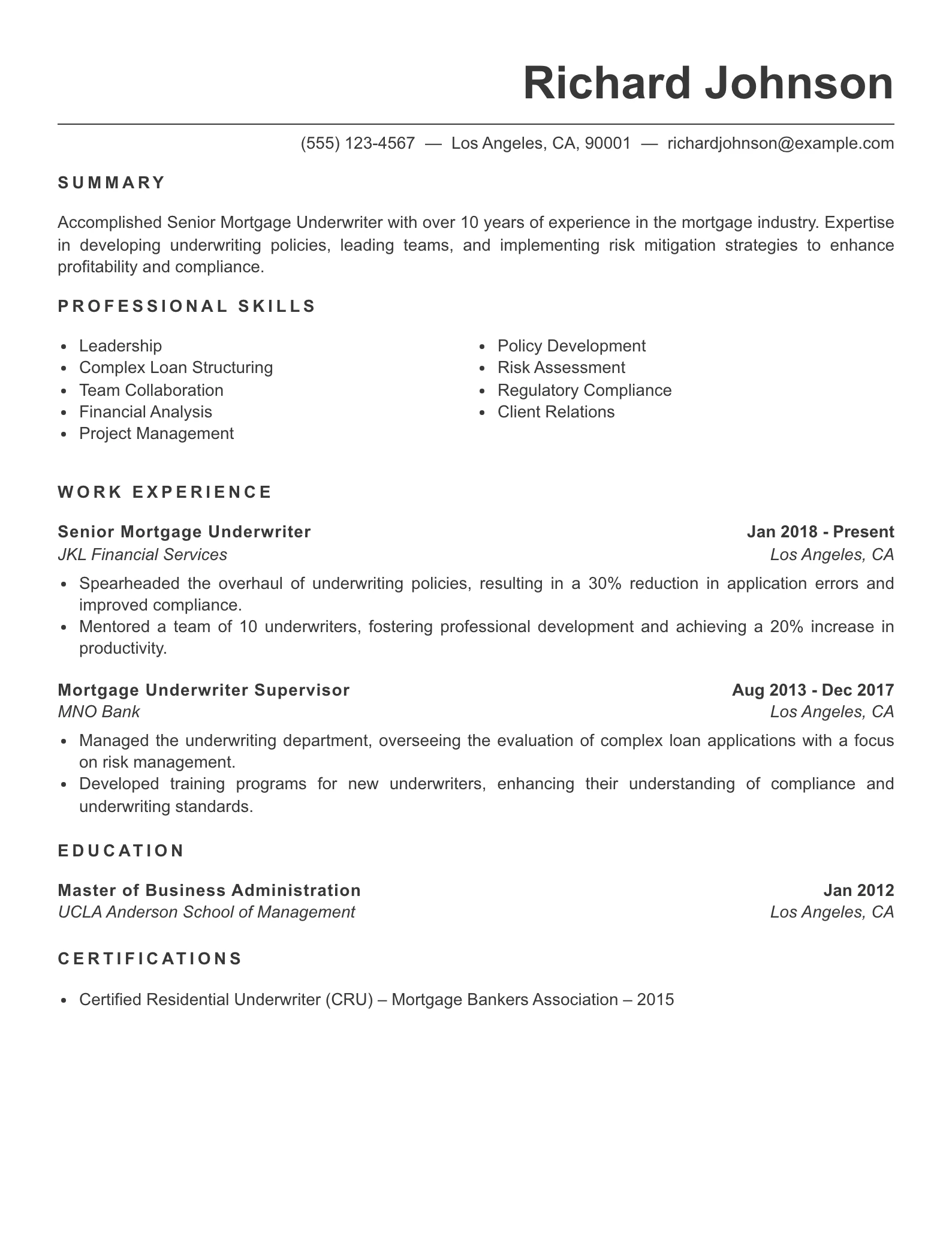Senior Level Mortgage Underwriter Resume Example