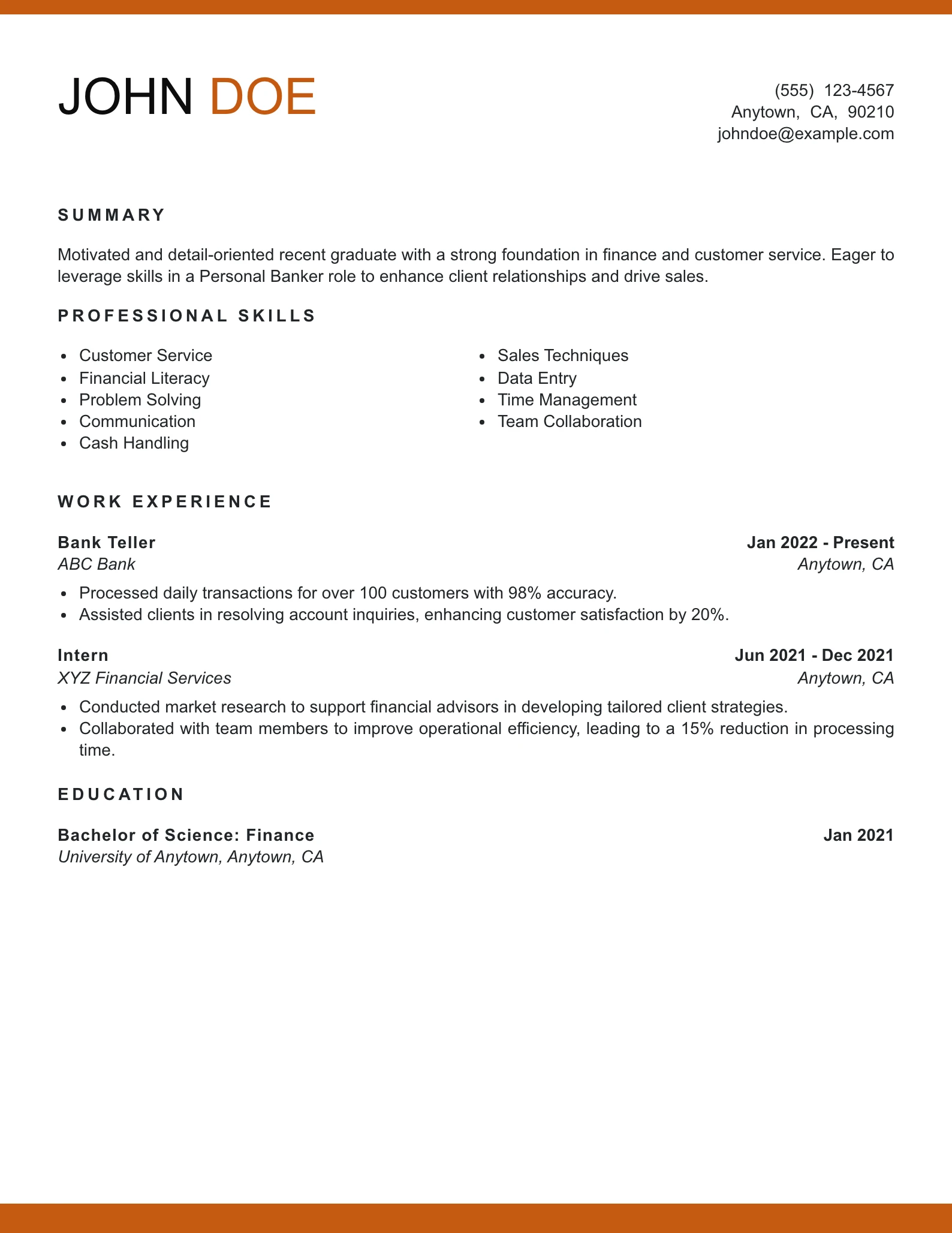 Entry Level Personal Banker Resume Example