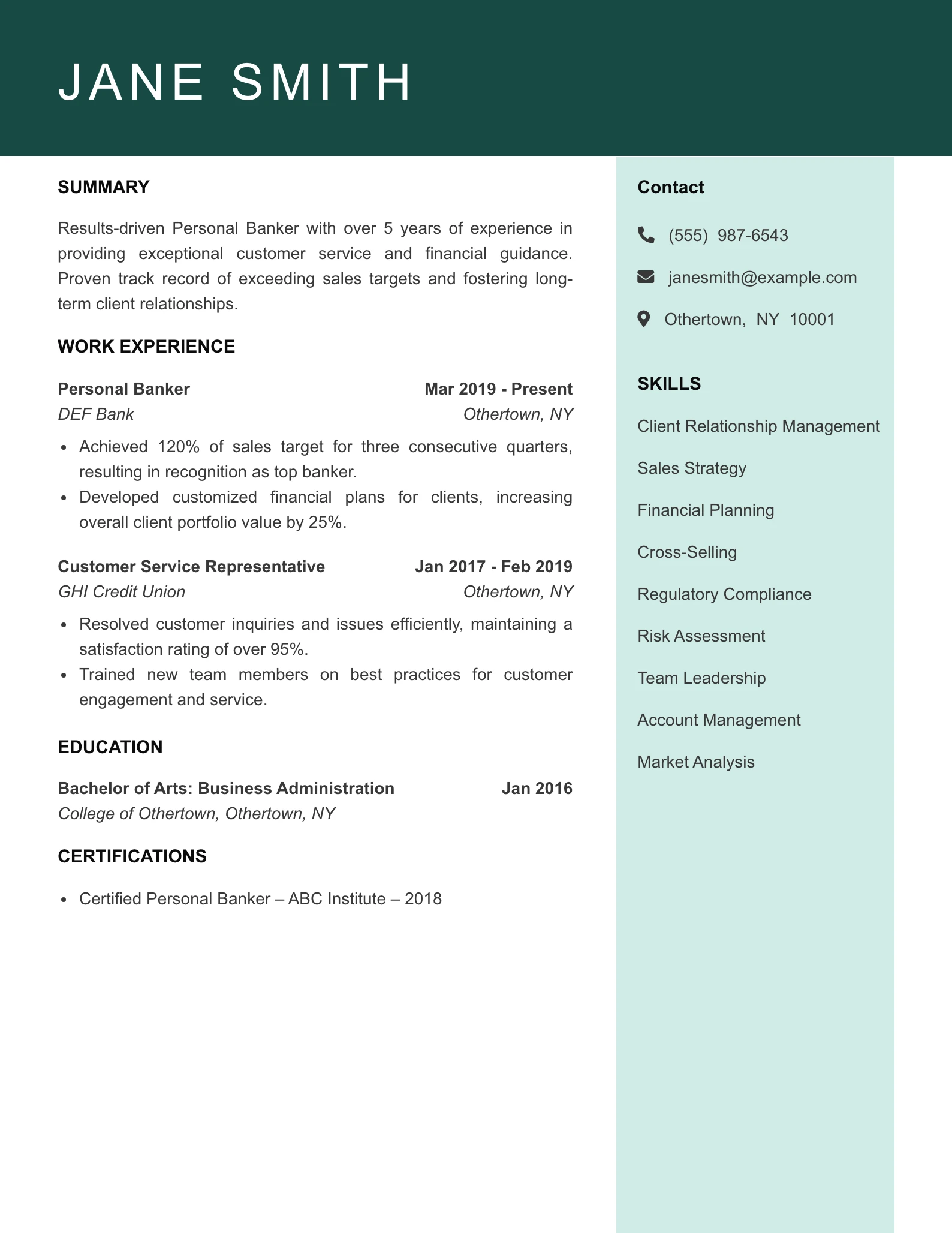 Mid Level Personal Banker Resume Example
