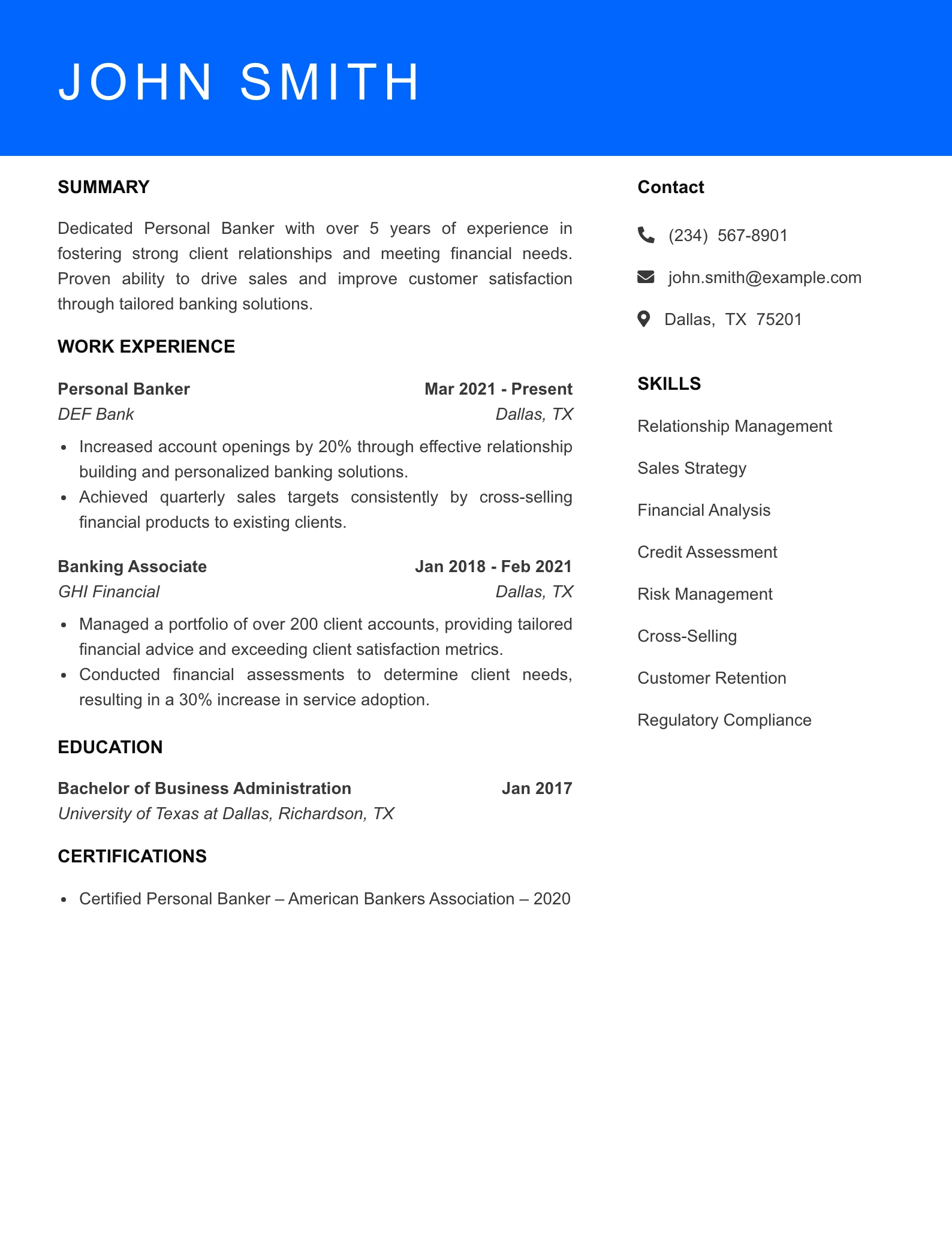 Mid Level Personal Banker Resume Sample