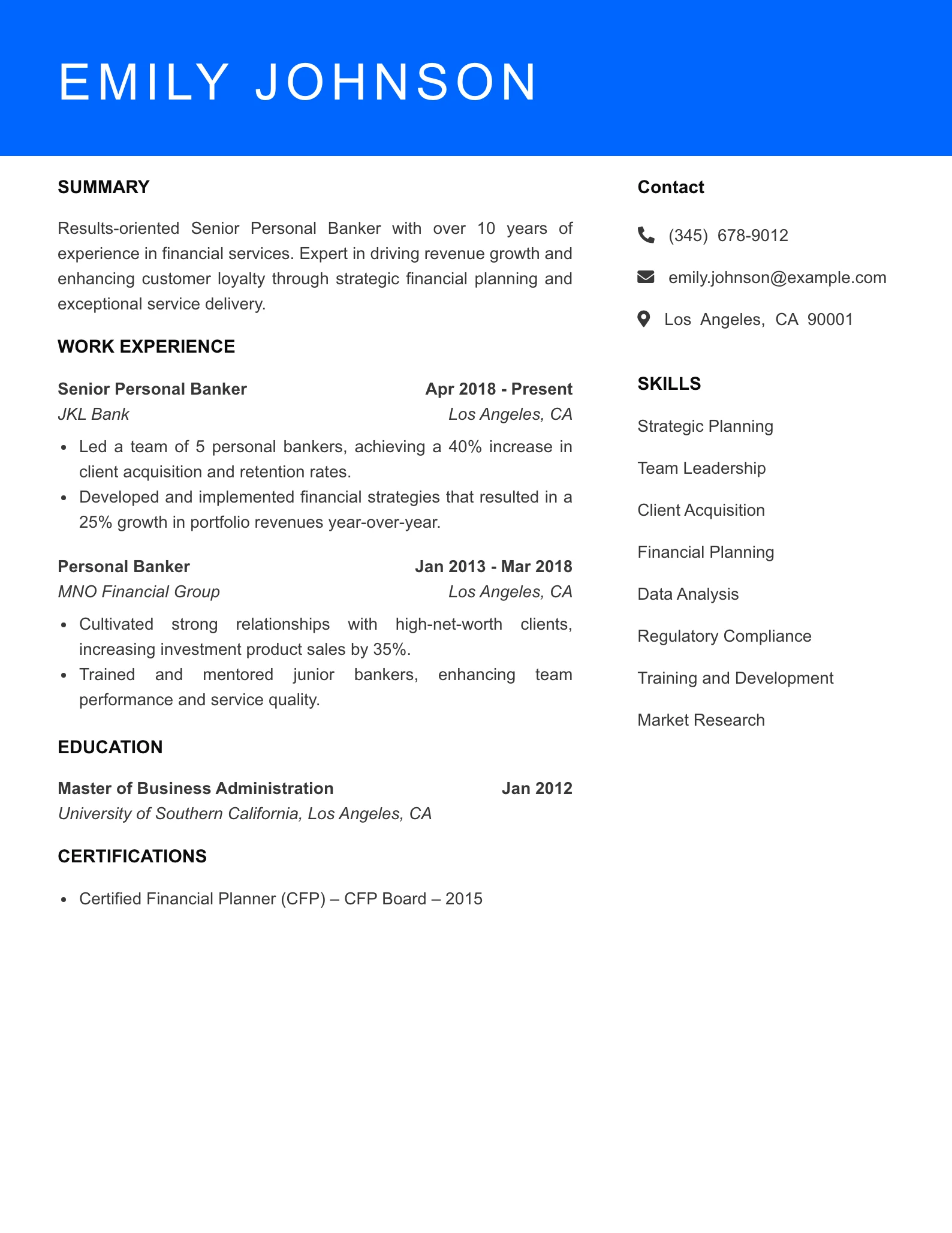 Senior Level Personal Banker Resume Sample