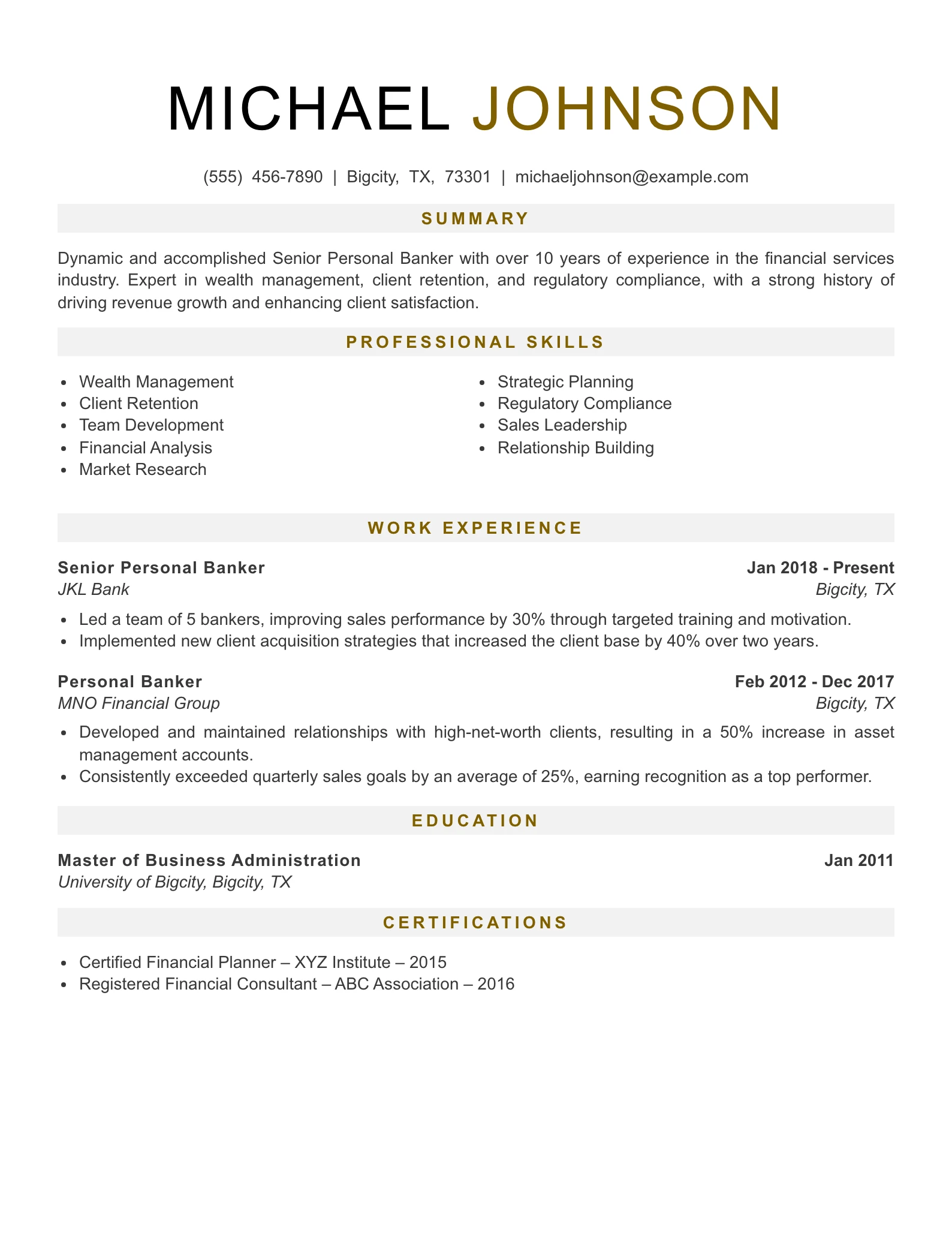 Senior Level Personal Banker Resume Example