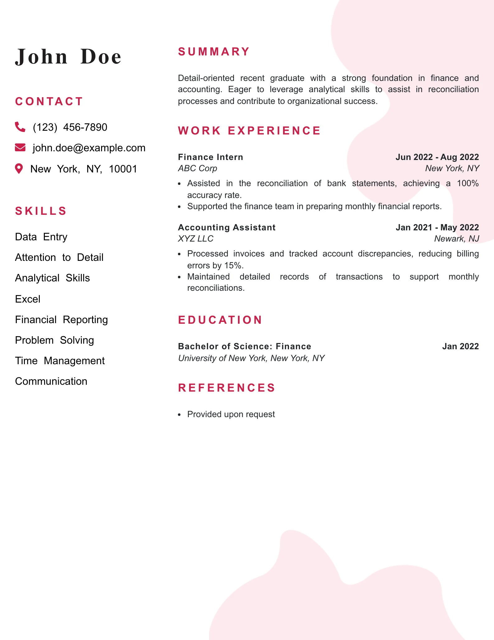 Entry Level Reconciliation Specialist Resume Example