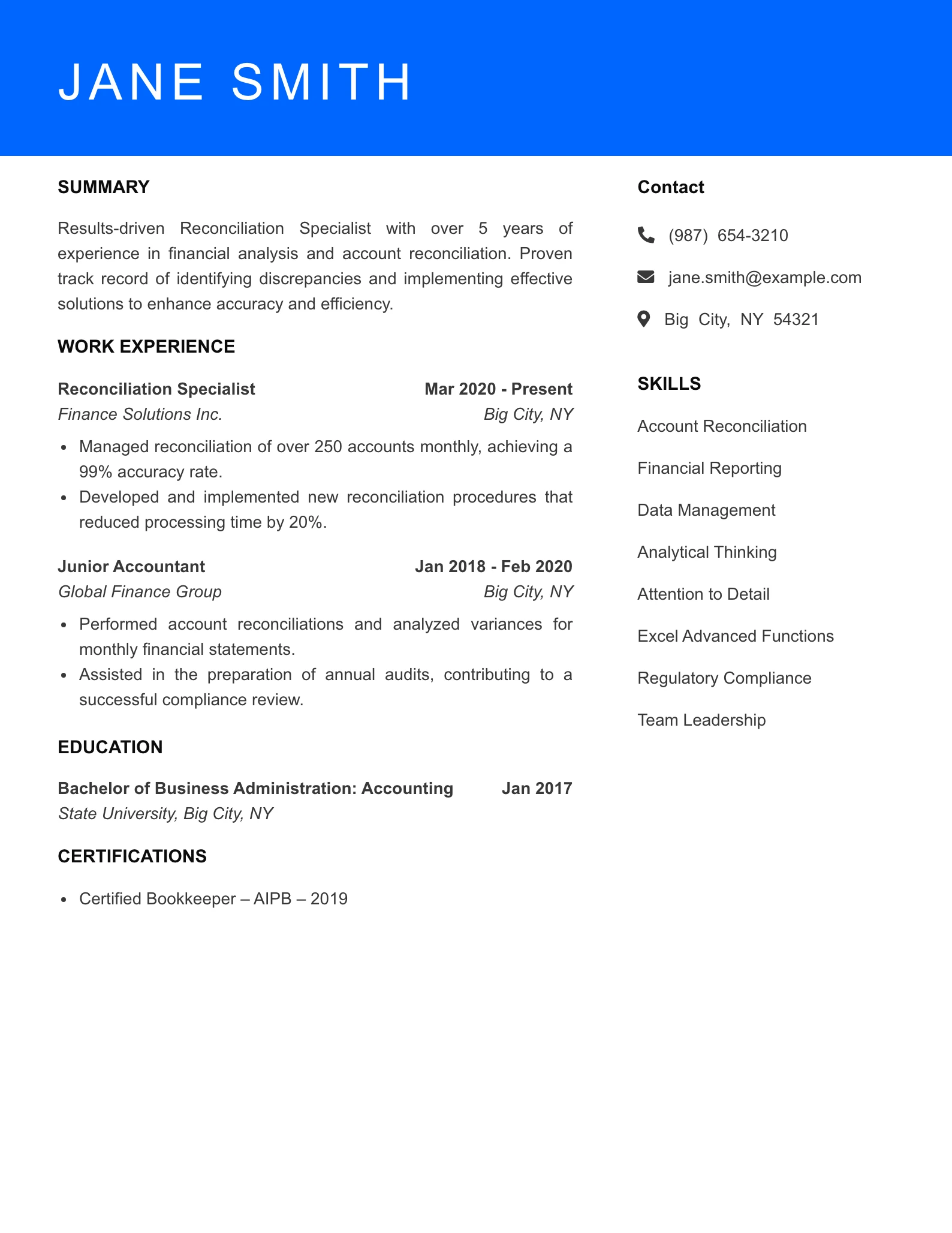 Mid Level Reconciliation Specialist Resume Sample