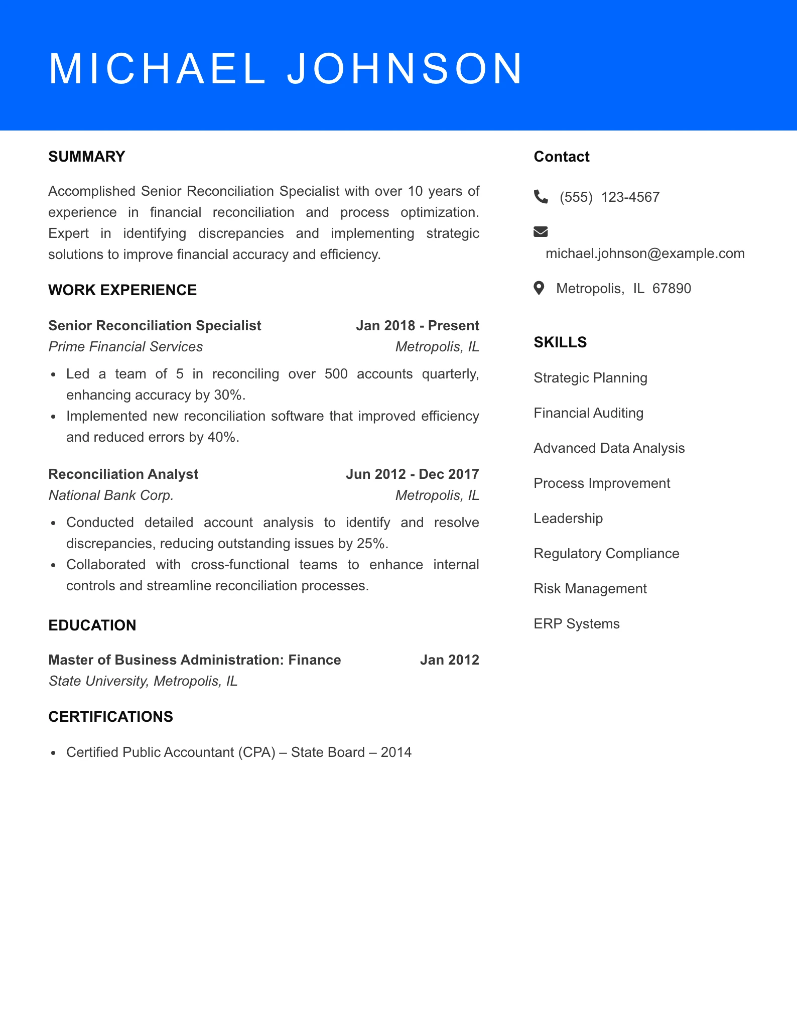 Senior Level Reconciliation Specialist Resume Sample