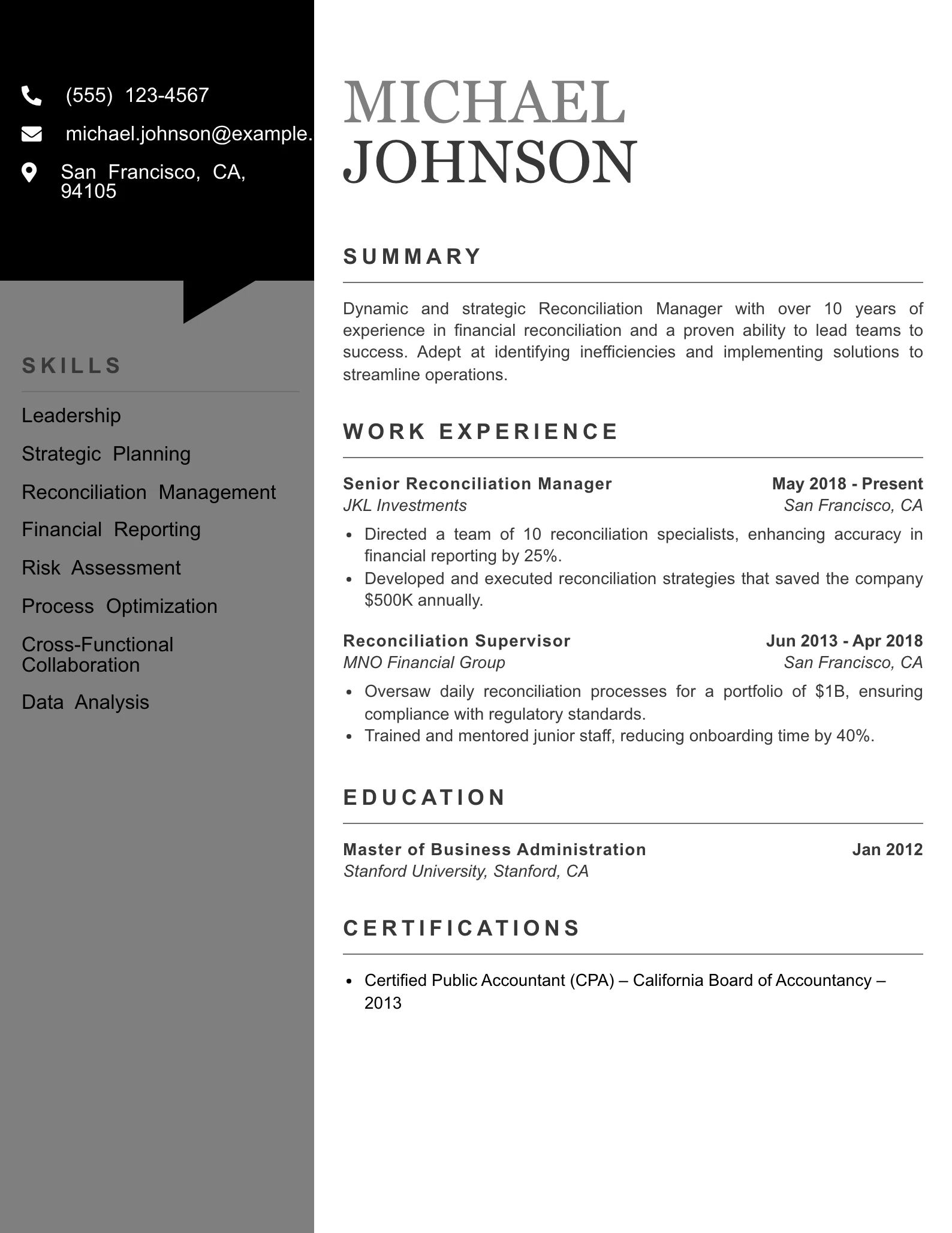 Senior Level Reconciliation Specialist Resume Example